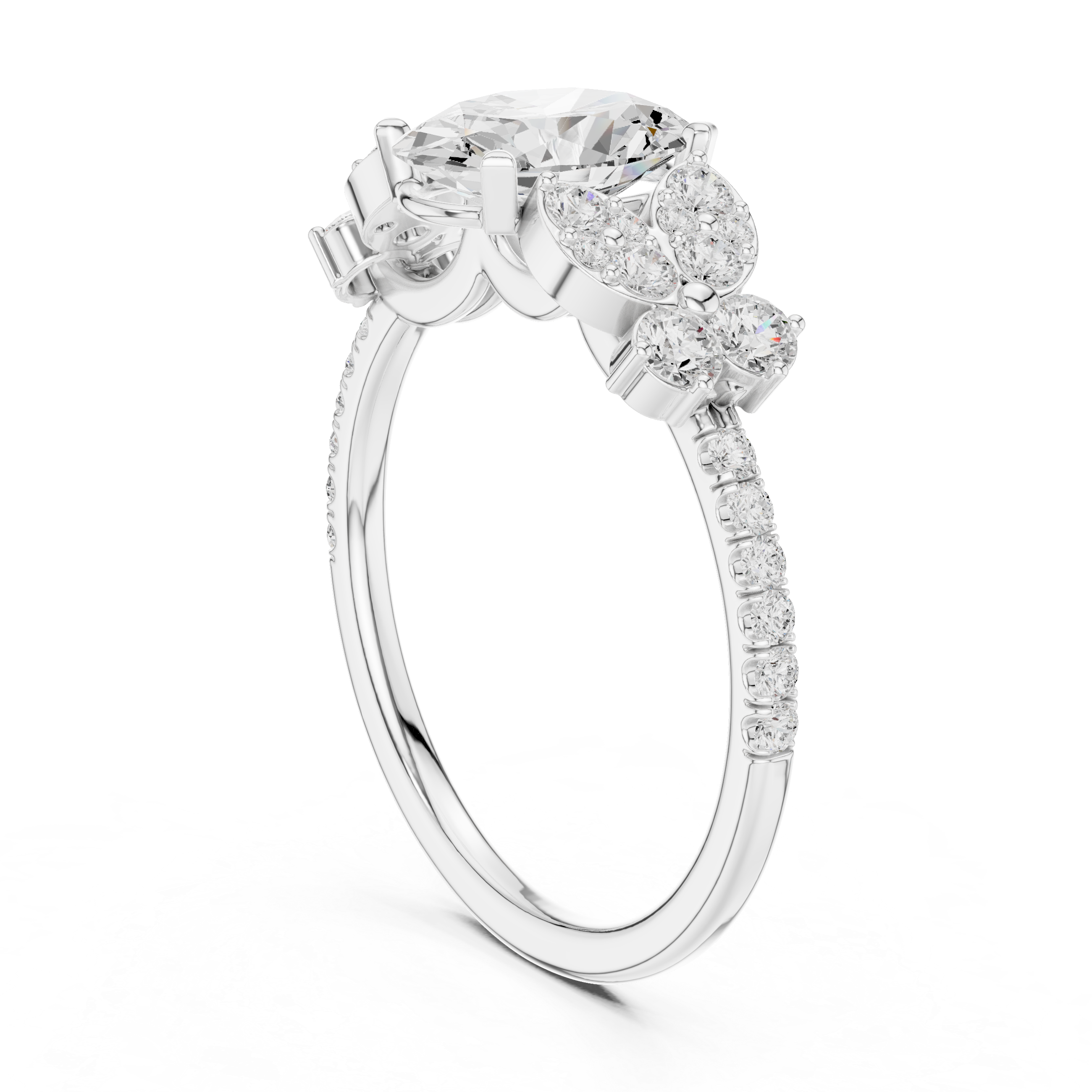 Oval Halo Engagement Ring with Floral Diamond Accents – Vintage Inspired Diamond Ring