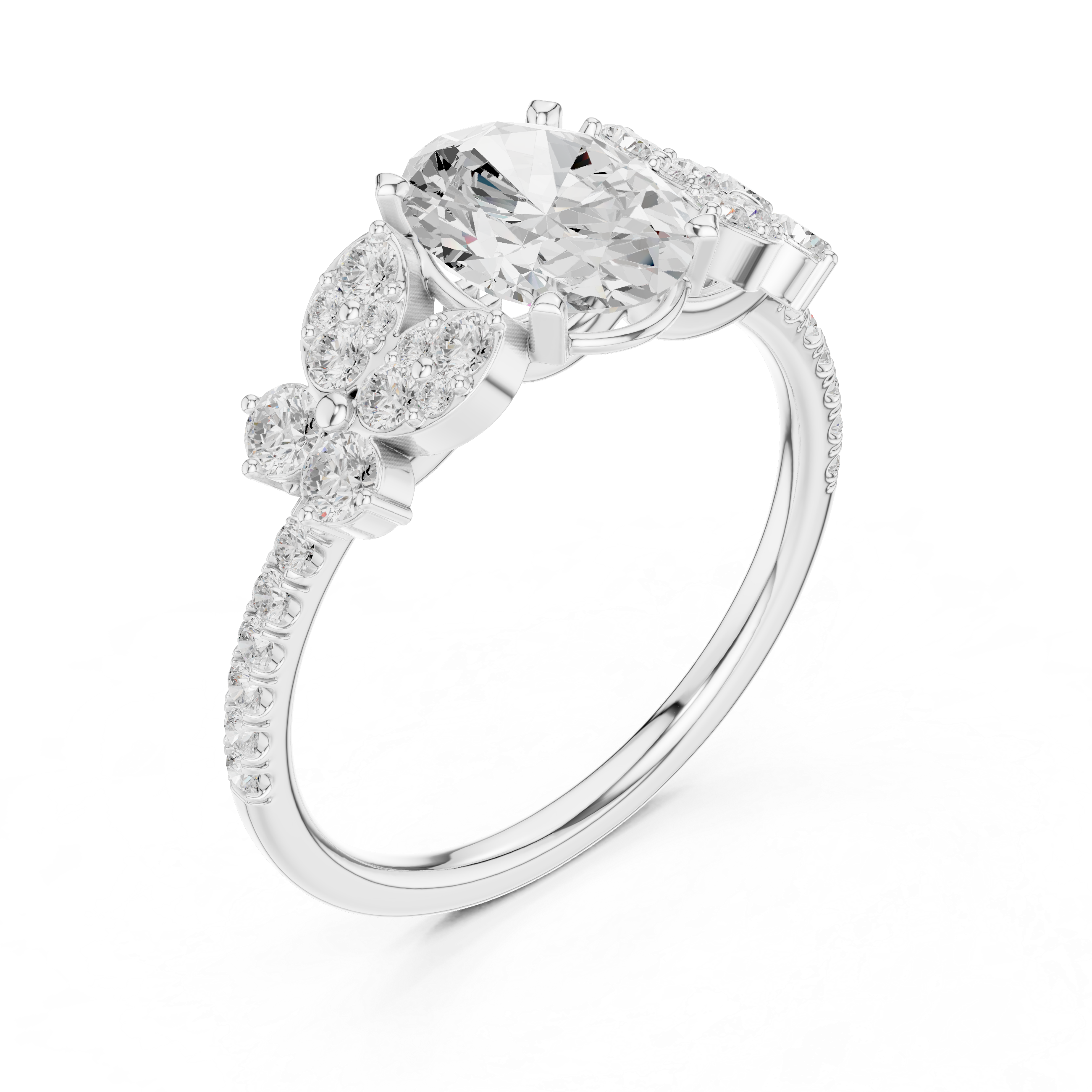 Oval Halo Engagement Ring with Floral Diamond Accents – Vintage Inspired Diamond Ring