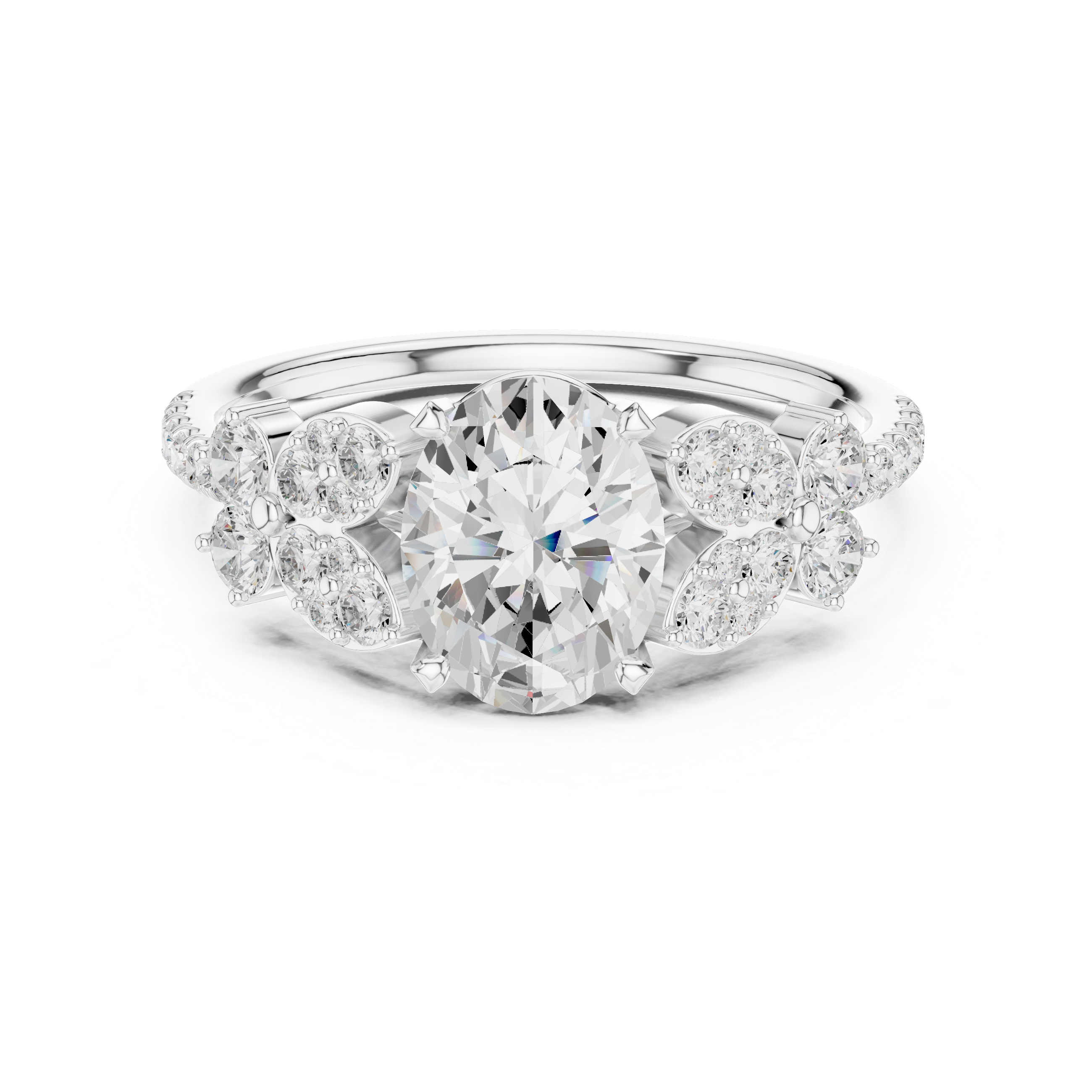 Oval Halo Engagement Ring with Floral Diamond Accents – Vintage Inspired Diamond Ring