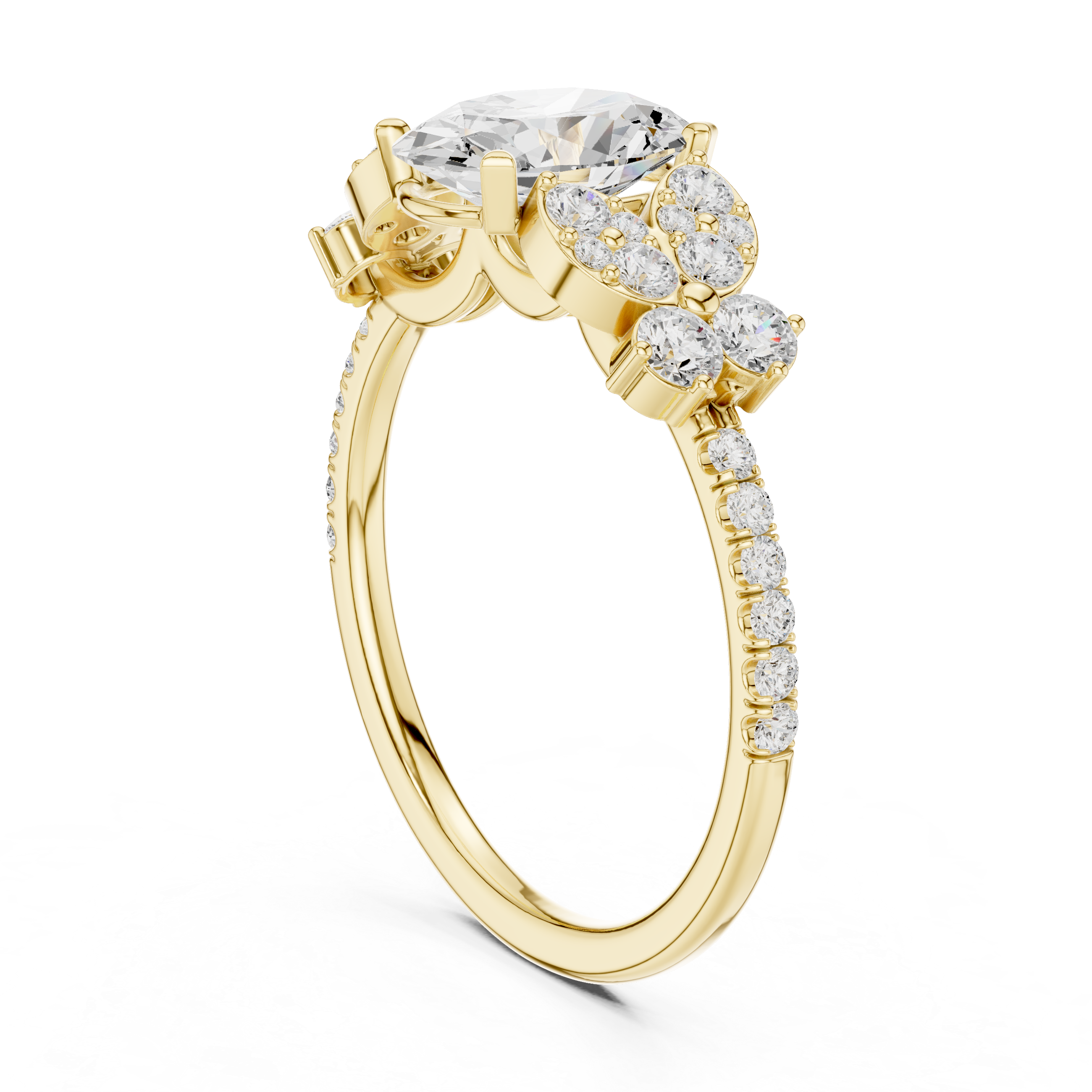 Oval Halo Engagement Ring with Floral Diamond Accents – Vintage Inspired Diamond Ring