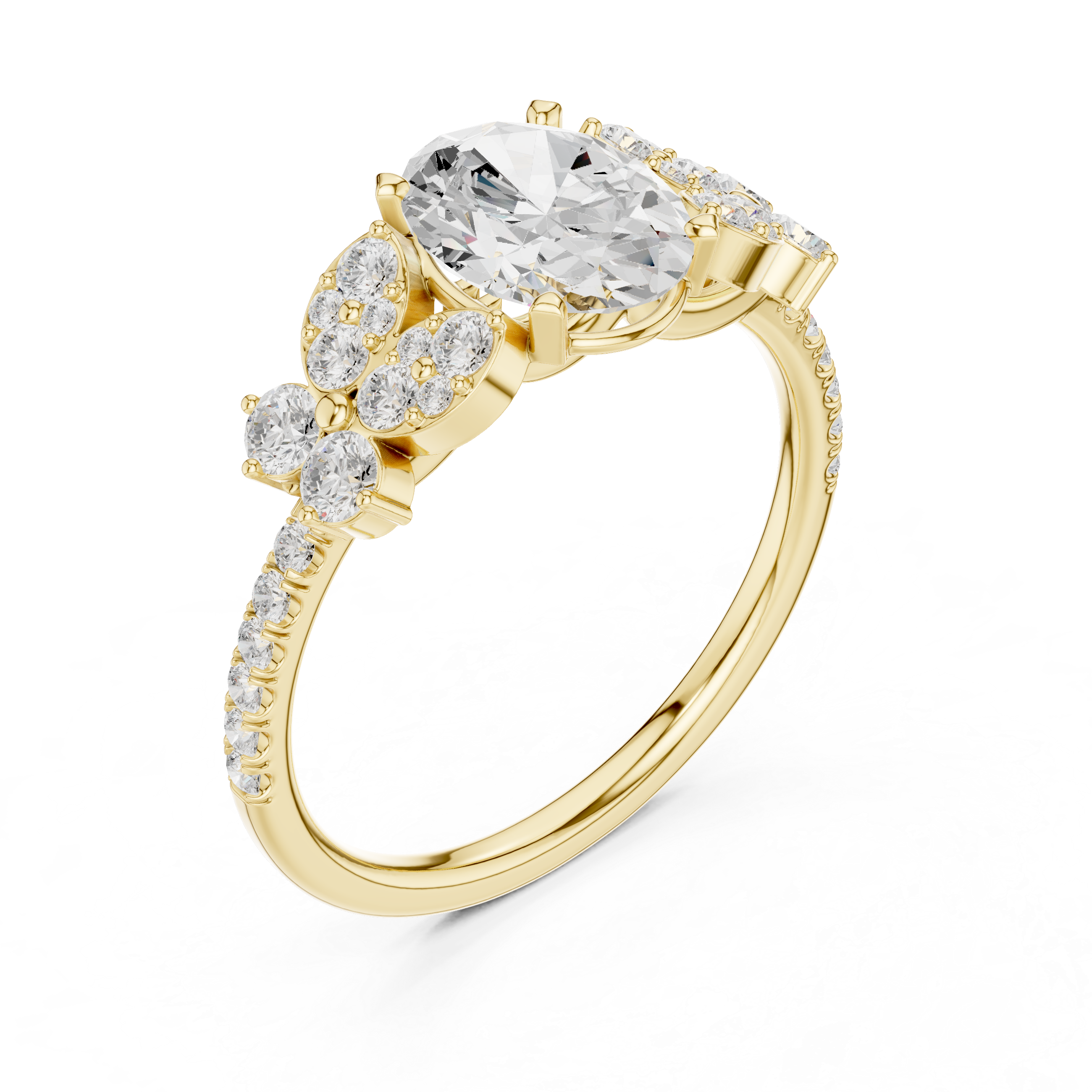 Oval Halo Engagement Ring with Floral Diamond Accents – Vintage Inspired Diamond Ring