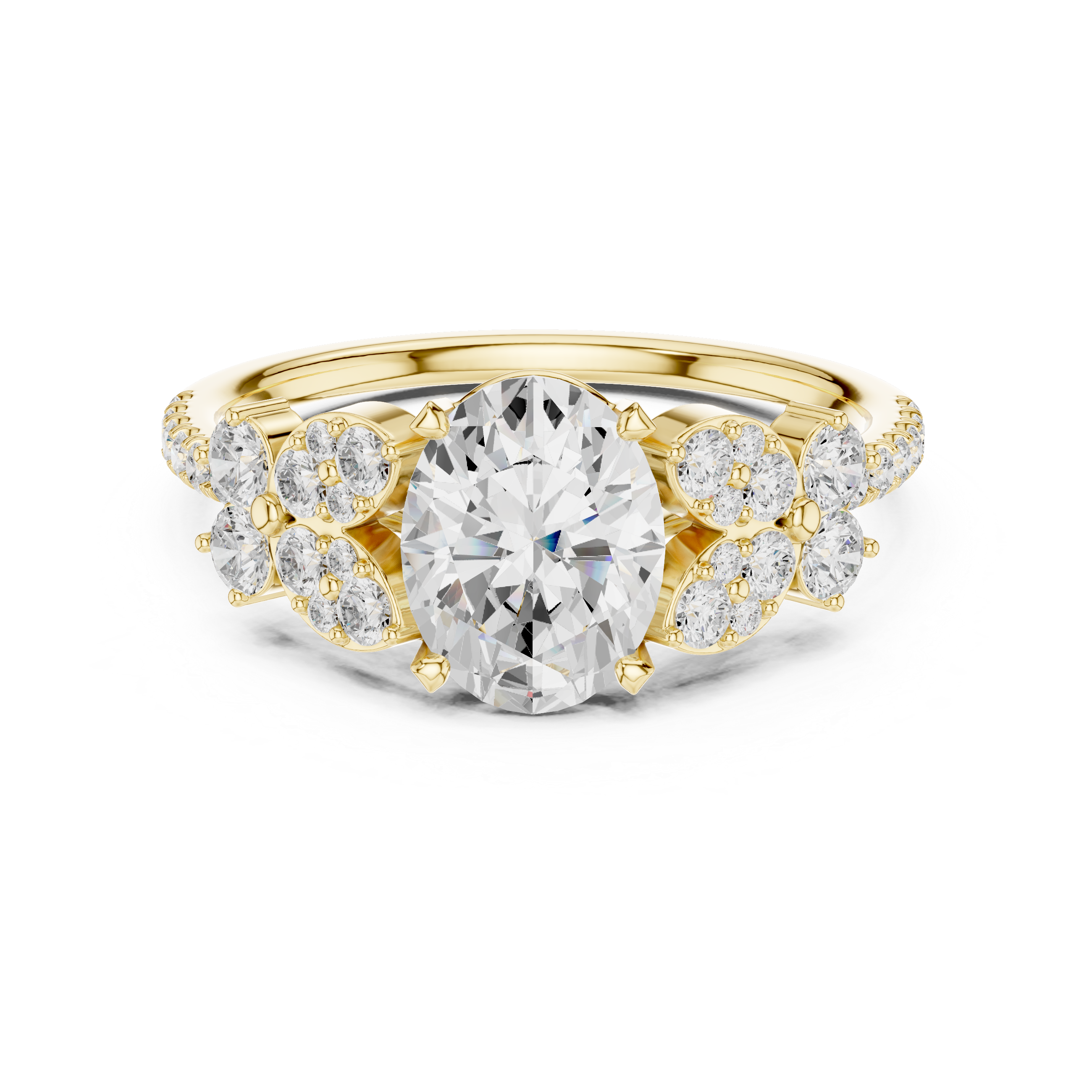 Oval Halo Engagement Ring with Floral Diamond Accents – Vintage Inspired Diamond Ring