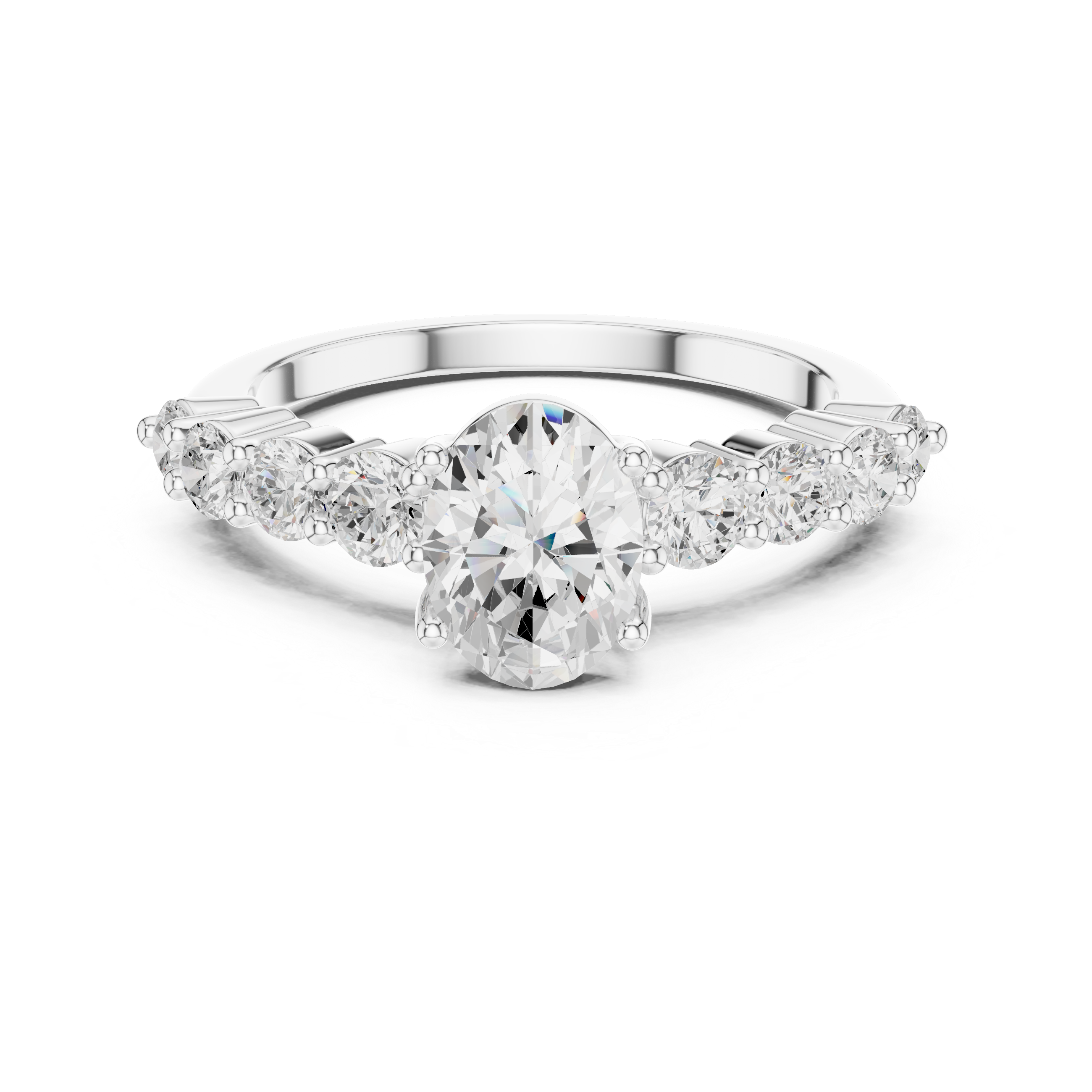 Oval Cut Diamond Engagement Ring with Graduated Side Stones – Classic Multi-Stone Ring