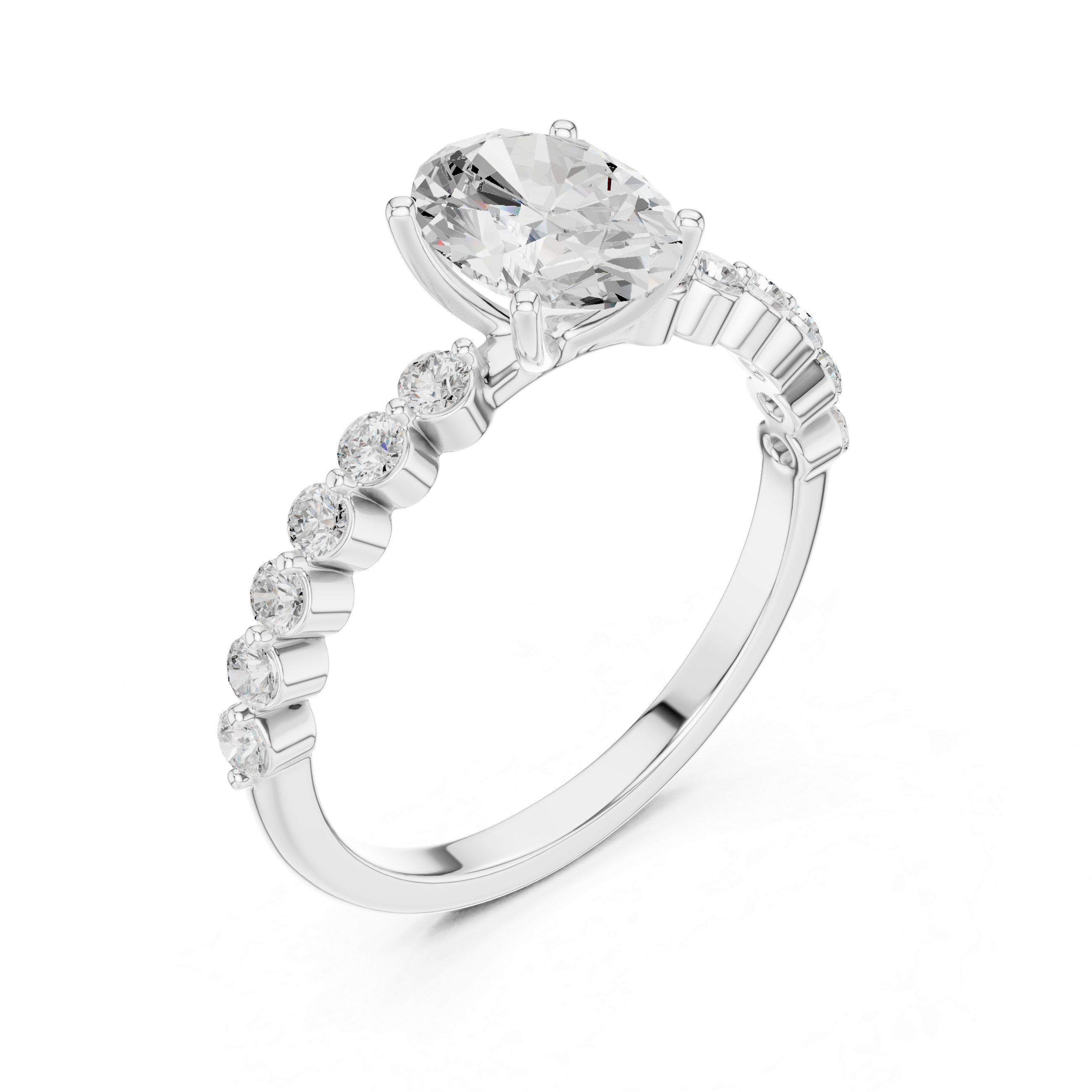 Oval Cut Solitaire Engagement Ring with Graduated Side Stones – Vintage Inspired Diamond Ring