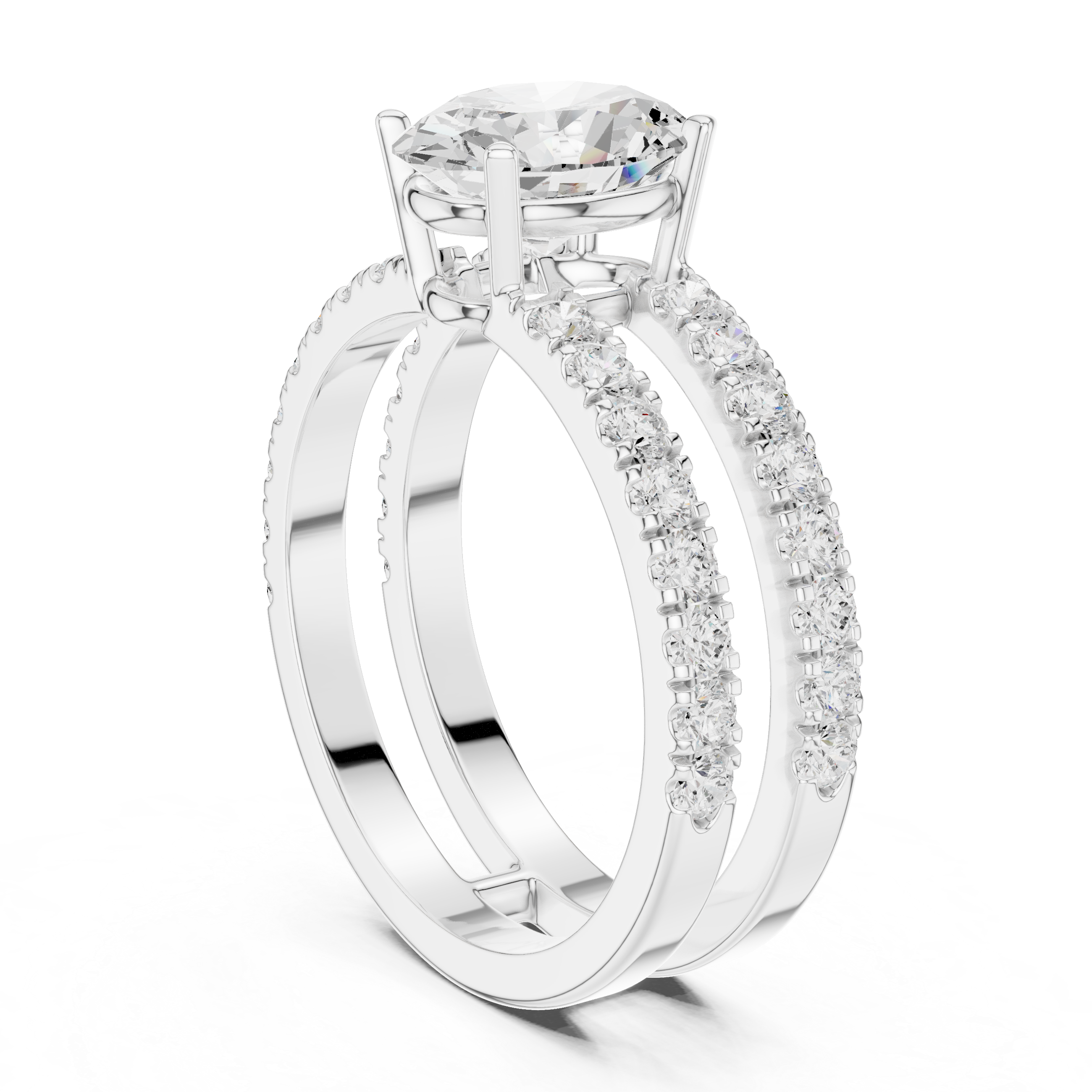 Oval Cut Double Band Engagement Ring with Pavé Diamonds – Split Shank Solitaire Ring