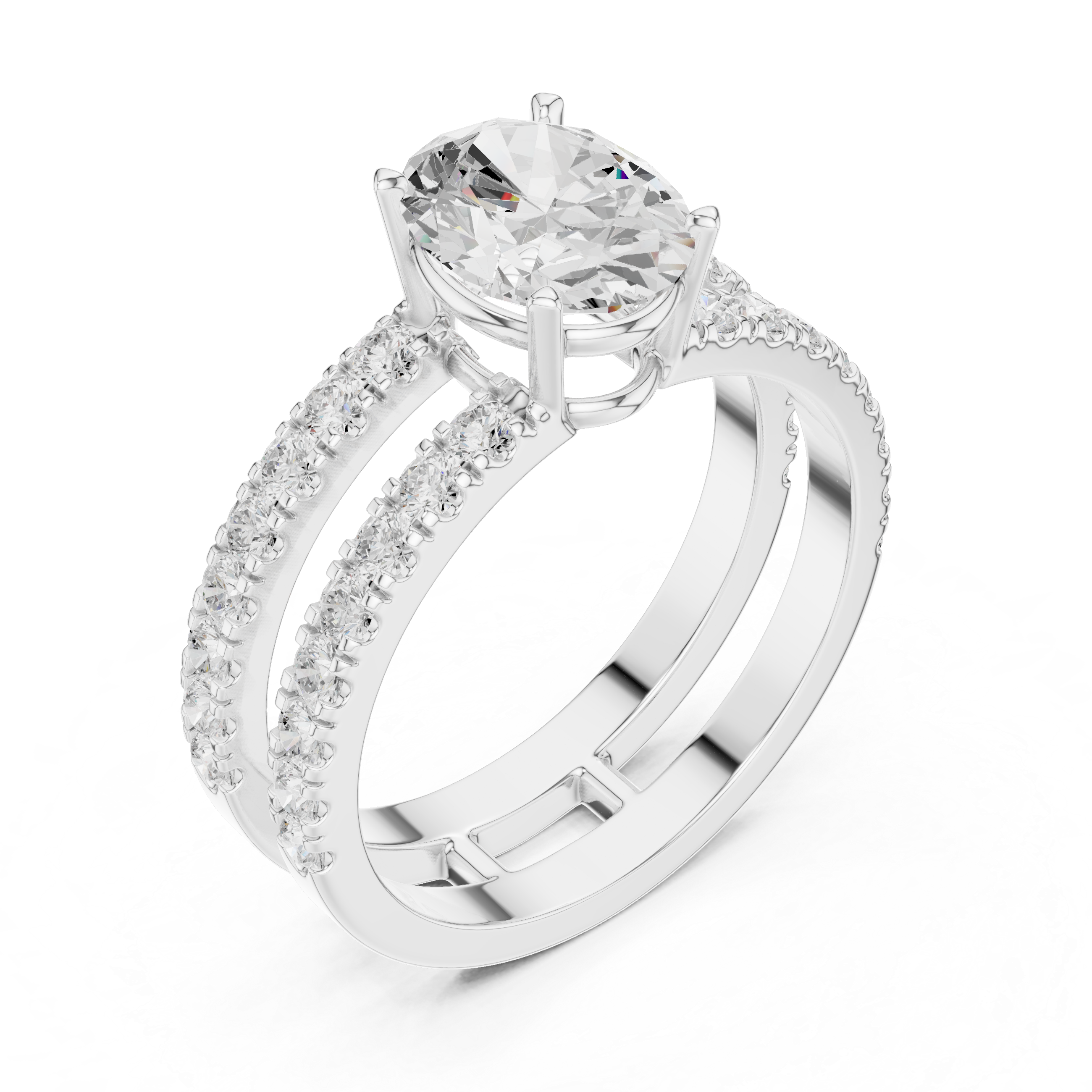 Oval Cut Double Band Engagement Ring with Pavé Diamonds – Split Shank Solitaire Ring