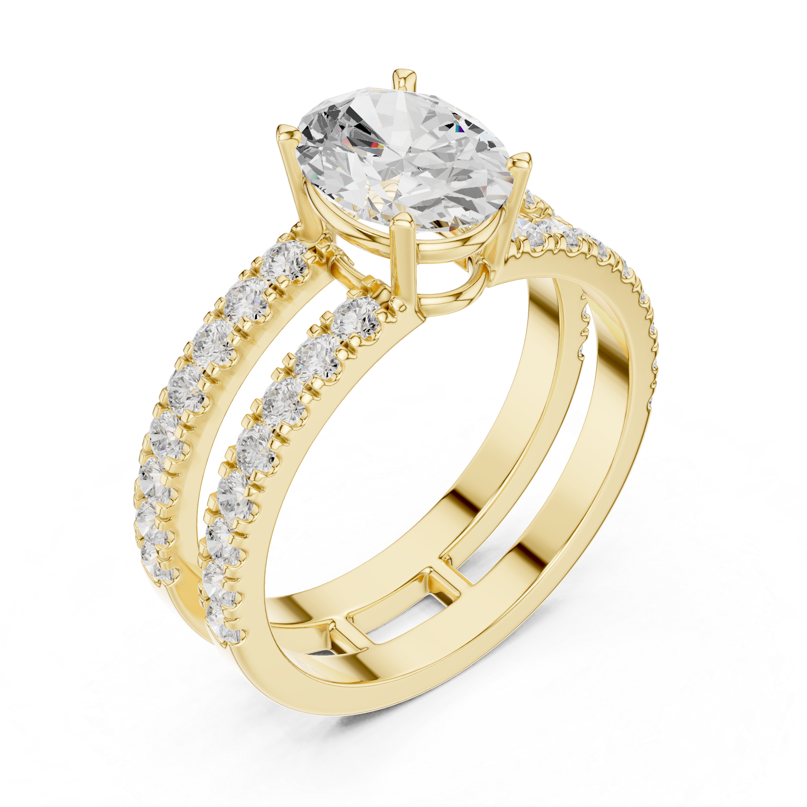 Oval Cut Double Band Engagement Ring with Pavé Diamonds – Split Shank Solitaire Ring