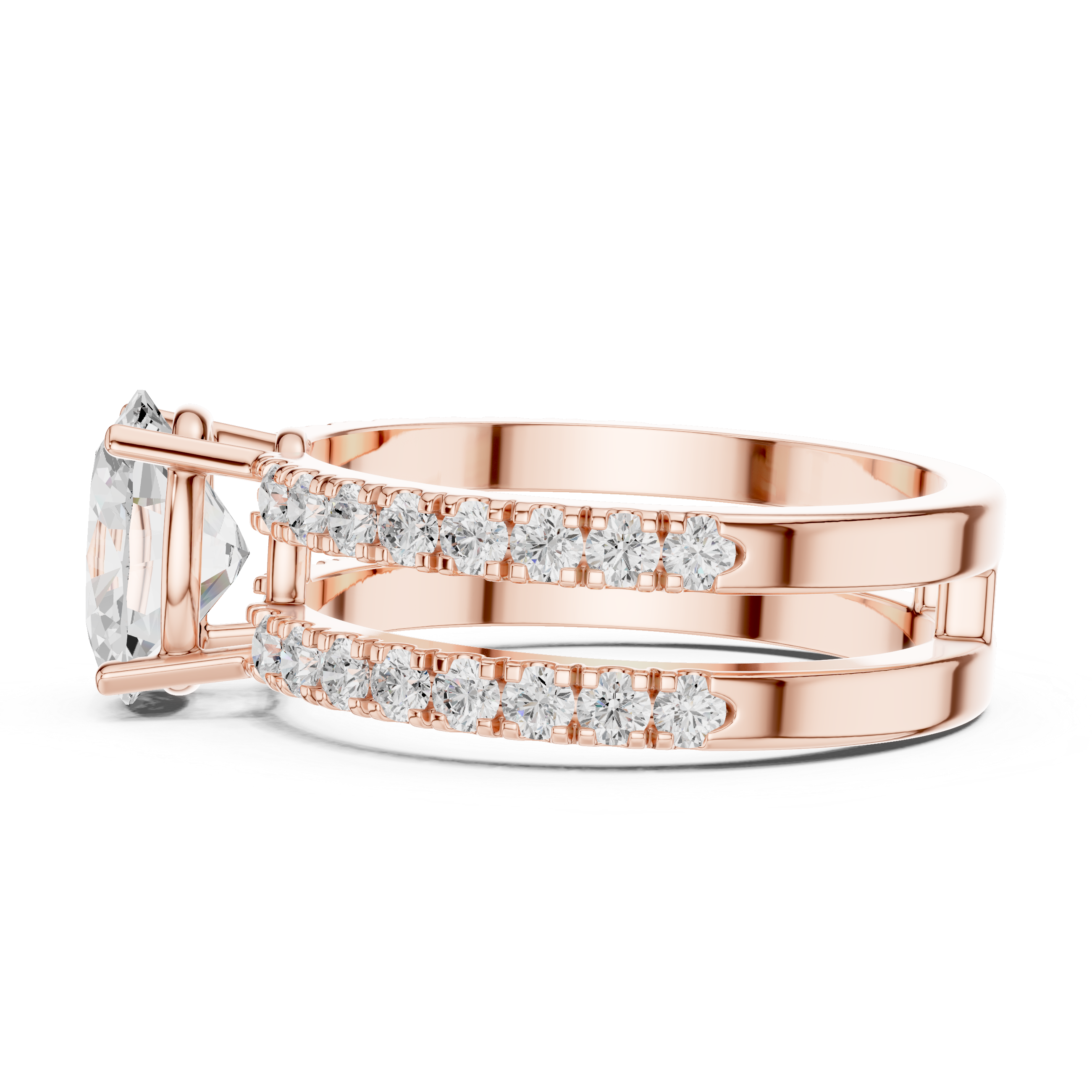 Oval Cut Double Band Engagement Ring with Pavé Diamonds – Split Shank Solitaire Ring