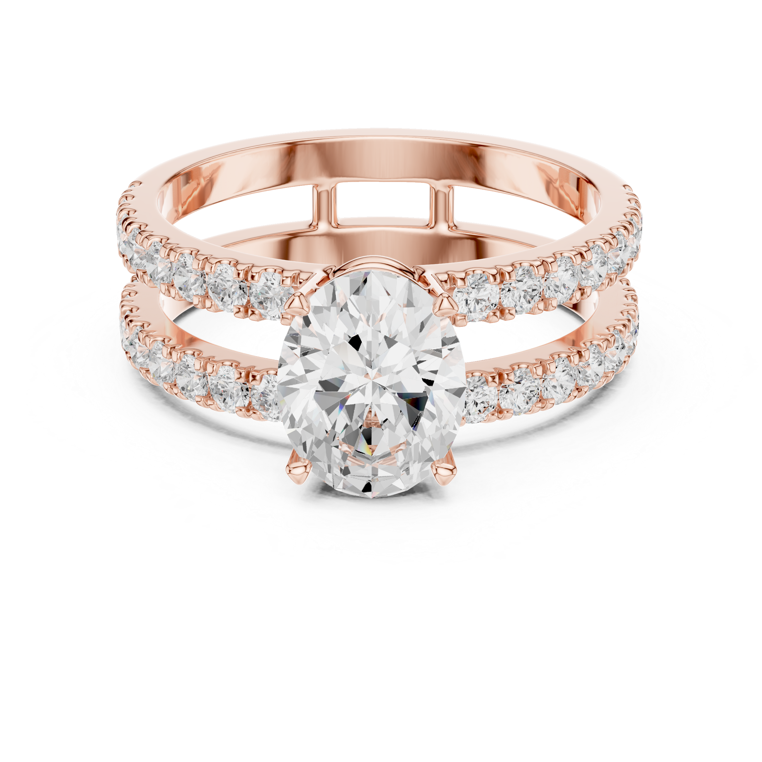 Oval Cut Double Band Engagement Ring with Pavé Diamonds – Split Shank Solitaire Ring