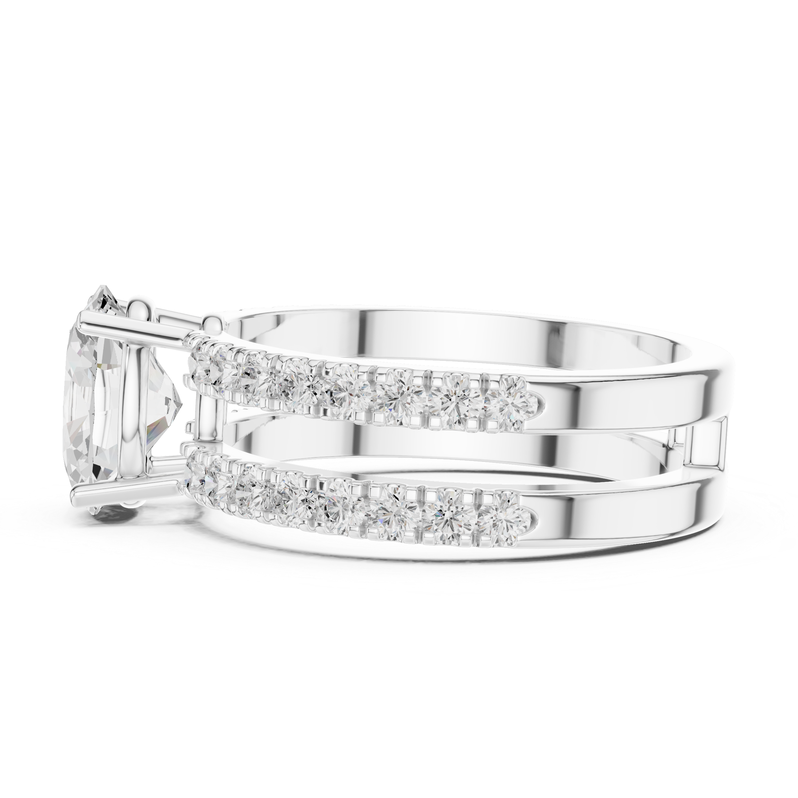 Oval Cut Double Band Engagement Ring with Pavé Diamonds – Split Shank Solitaire Ring
