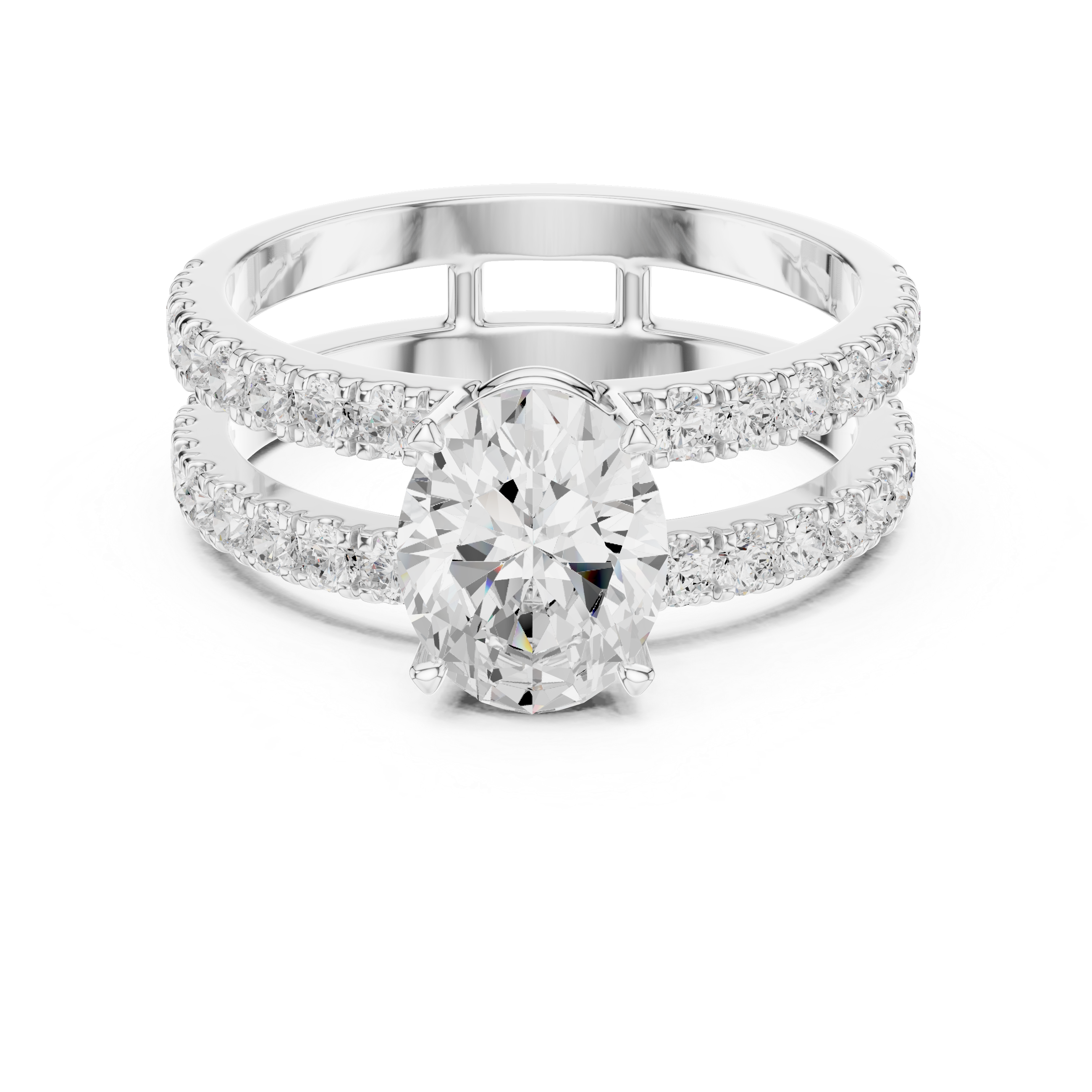 Oval Cut Double Band Engagement Ring with Pavé Diamonds – Split Shank Solitaire Ring