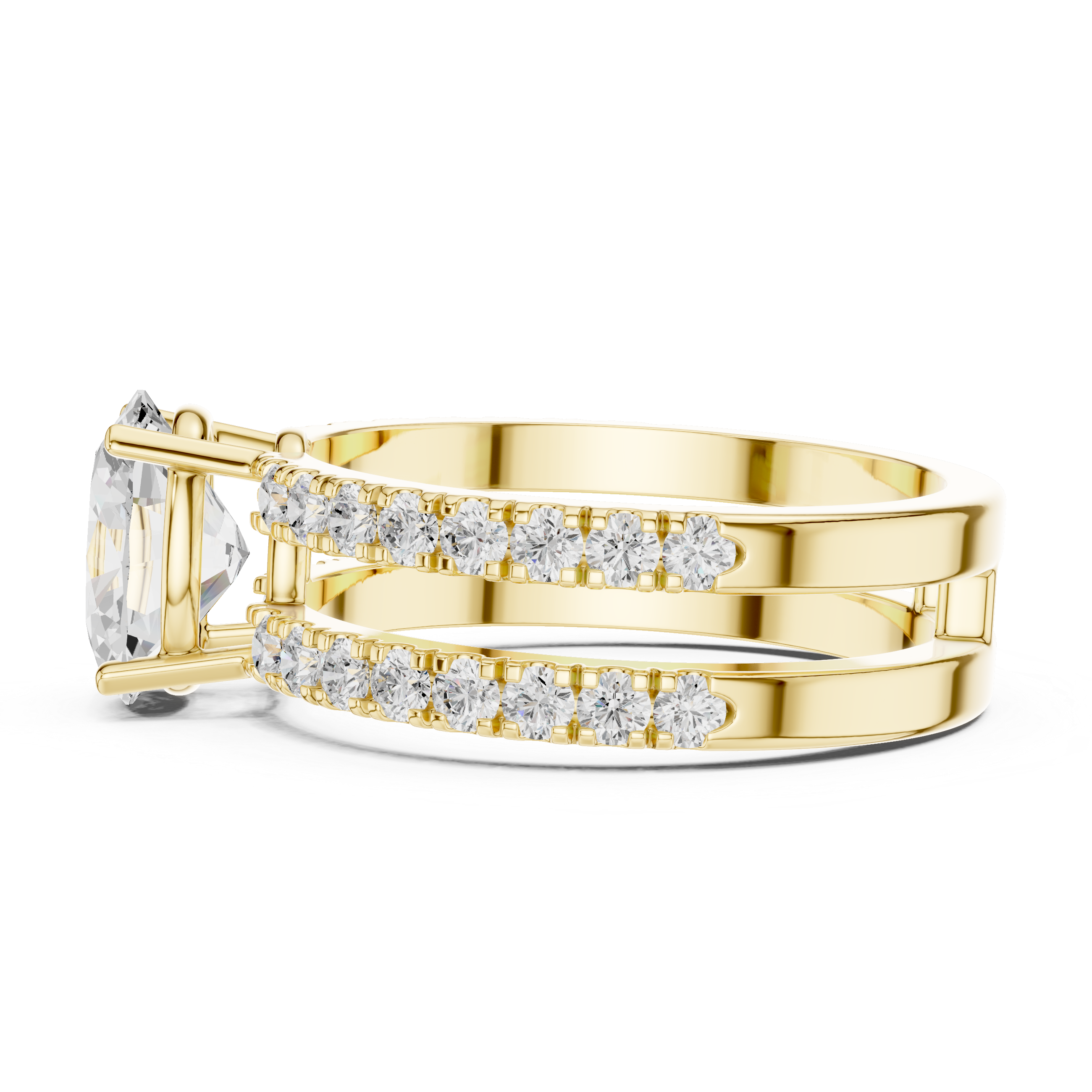 Oval Cut Double Band Engagement Ring with Pavé Diamonds – Split Shank Solitaire Ring