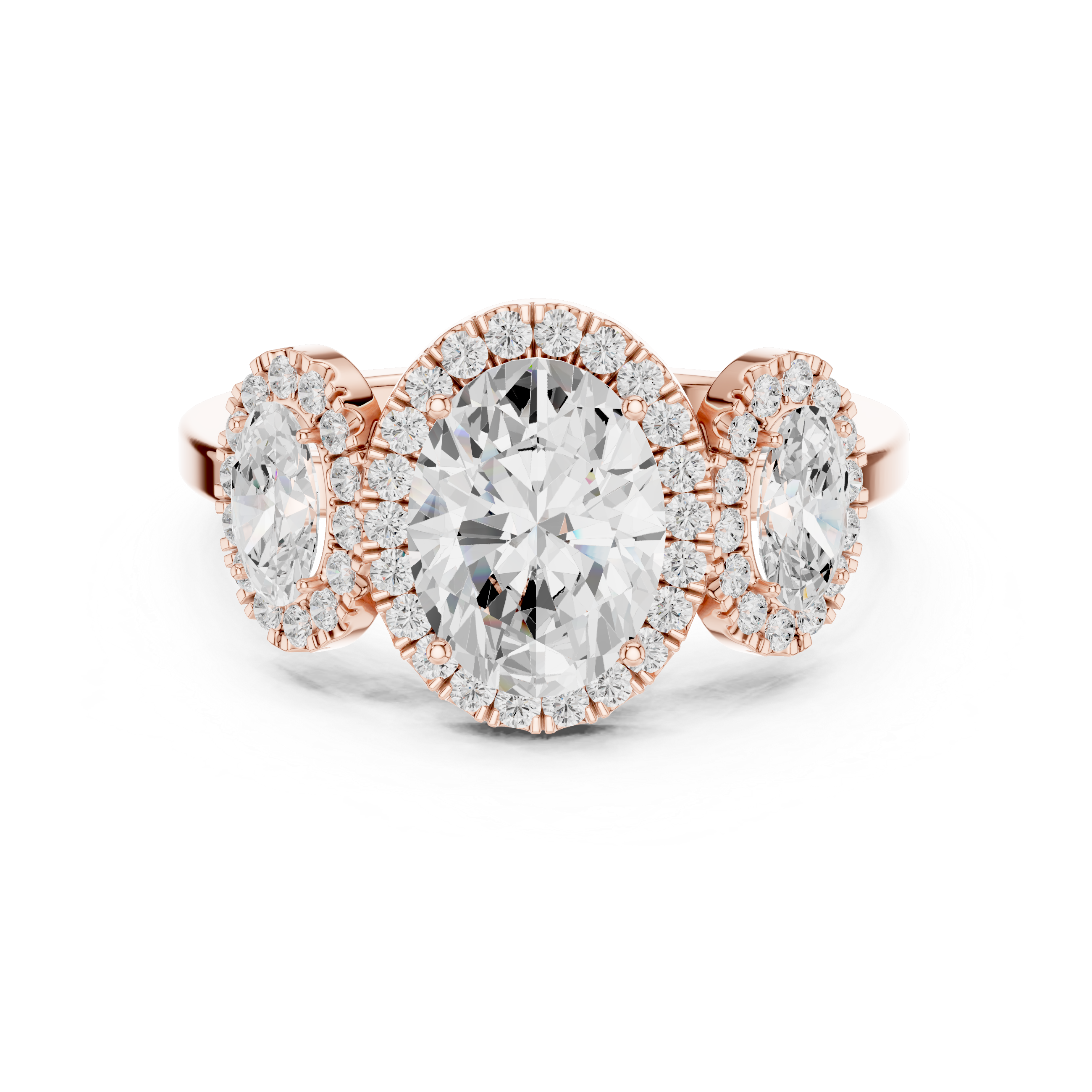 Three Stone Oval Halo Engagement Ring with Diamond Accents