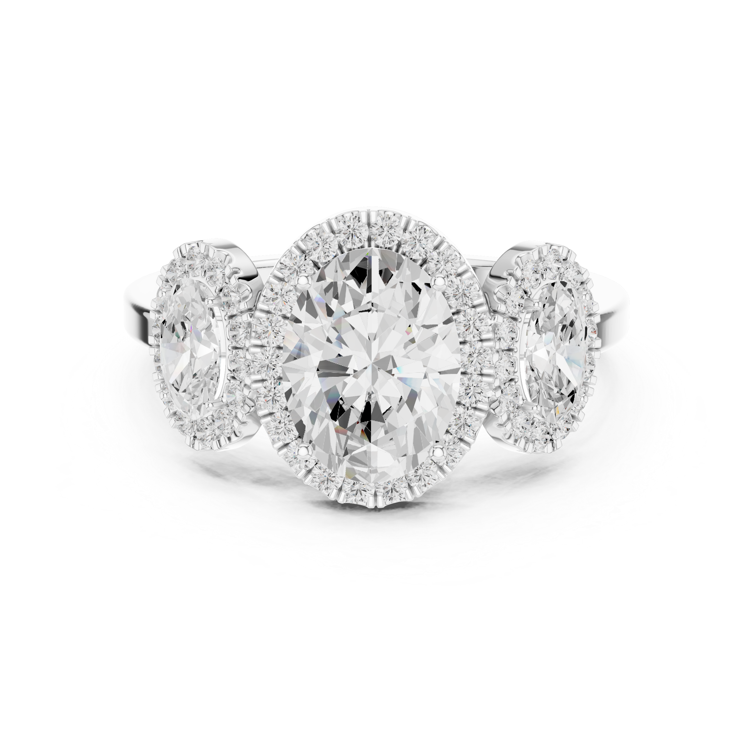 Three Stone Oval Halo Engagement Ring with Diamond Accents