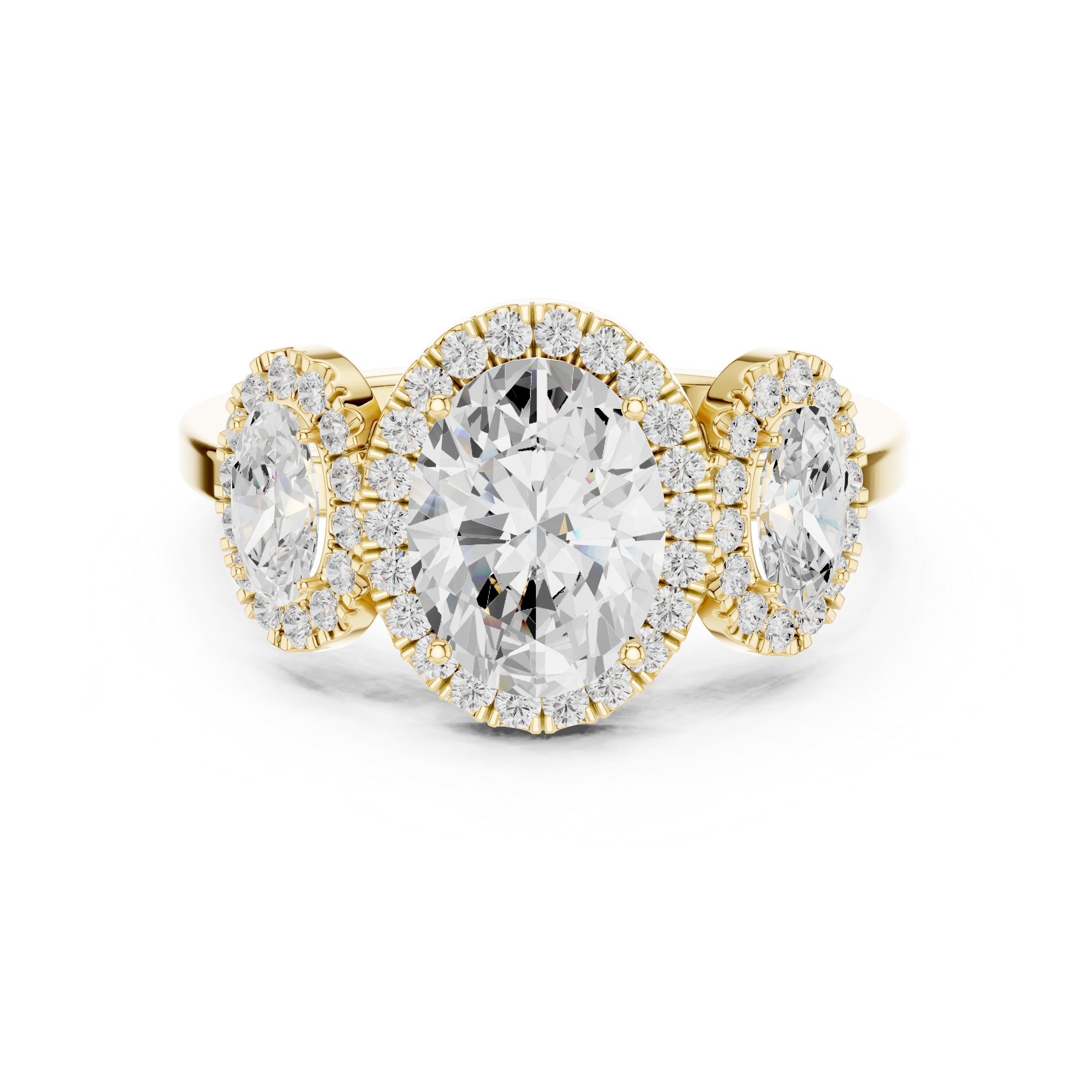 Three Stone Oval Halo Engagement Ring with Diamond Accents