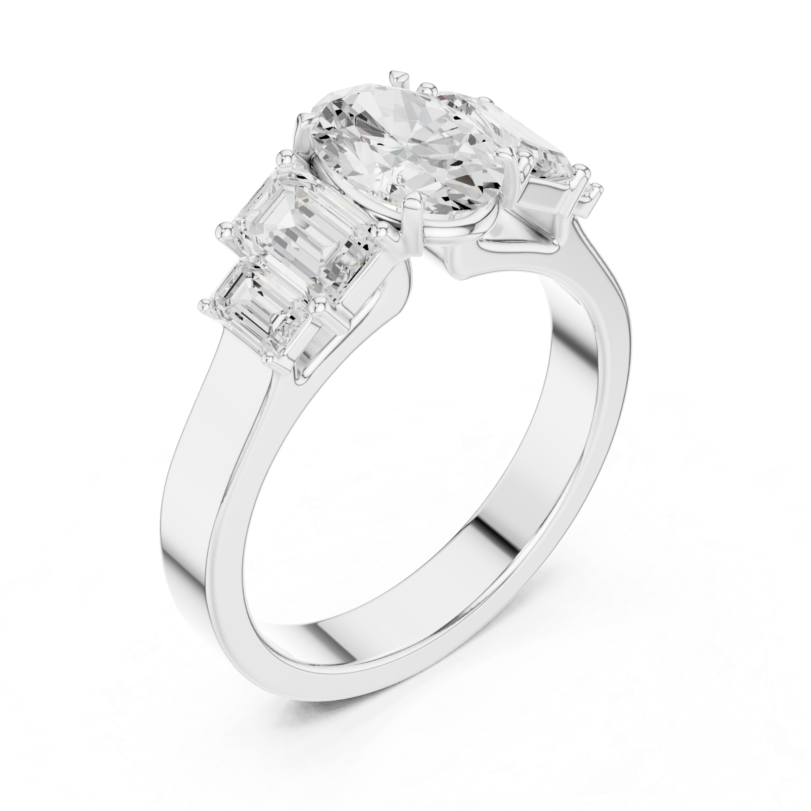 Oval Cut Three Stone Engagement Ring with Emerald Side Stones