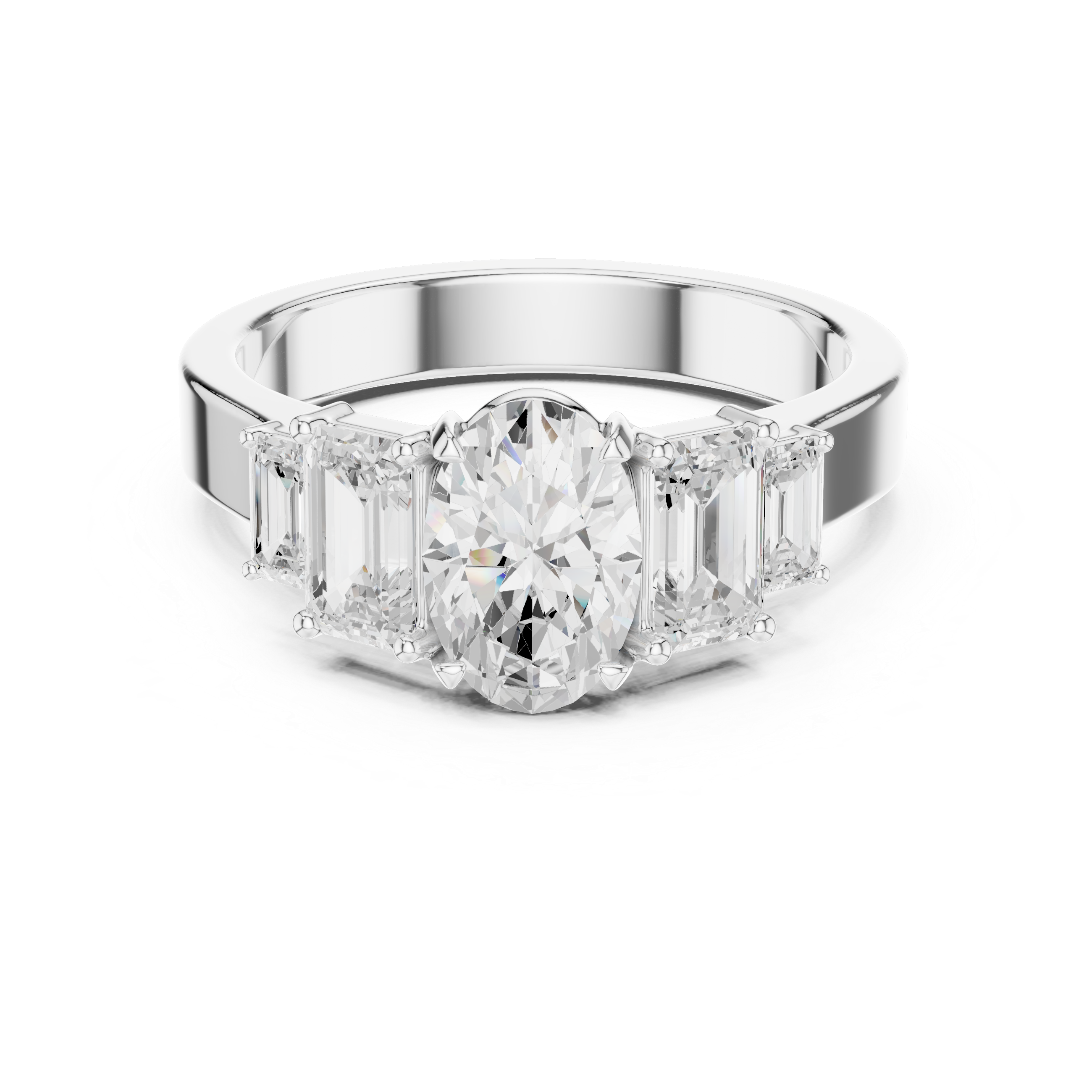 Oval Cut Three Stone Engagement Ring with Emerald Side Stones