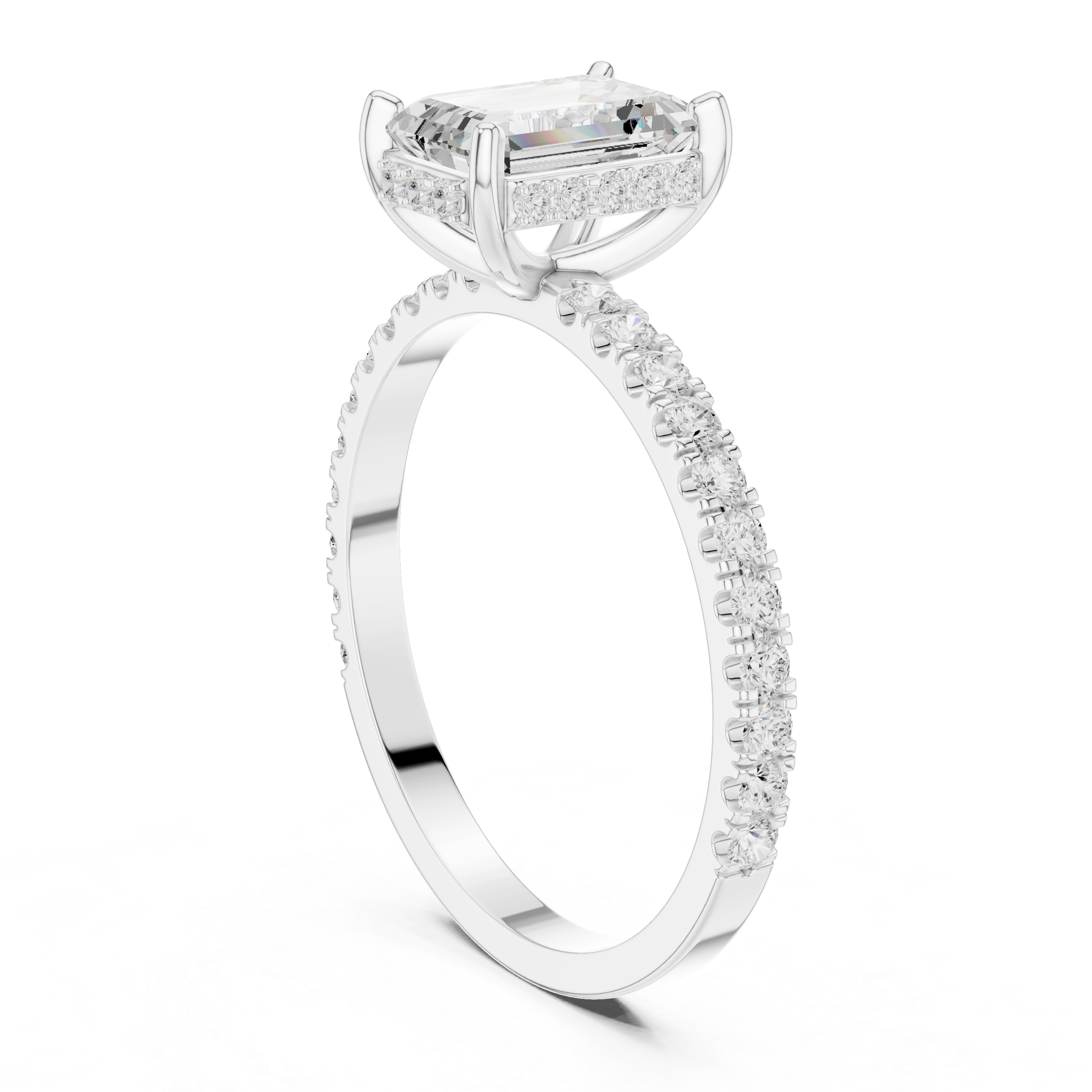 Emerald Cut Hidden Halo Engagement Ring with Pavé Diamond Band