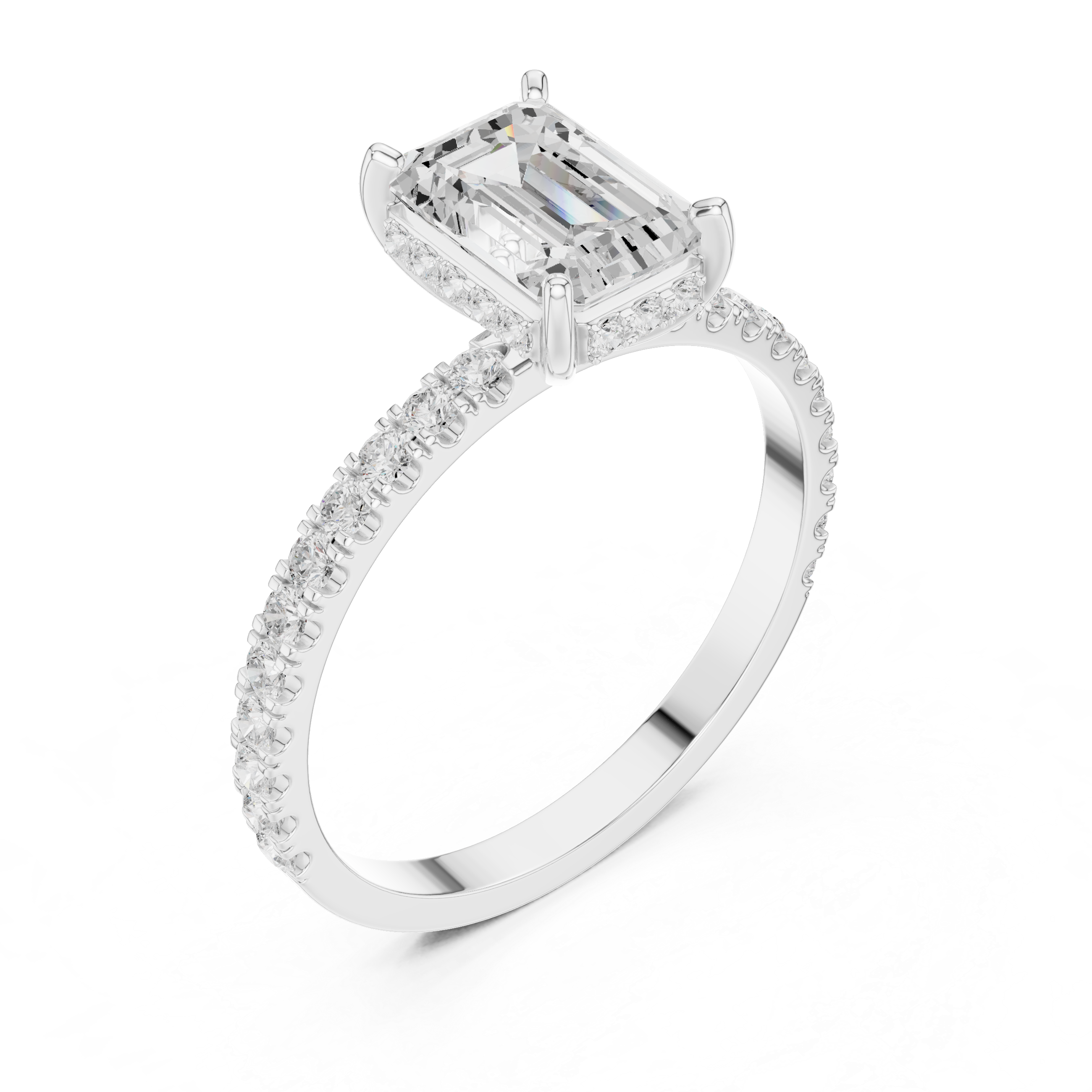 Emerald Cut Hidden Halo Engagement Ring with Pavé Diamond Band