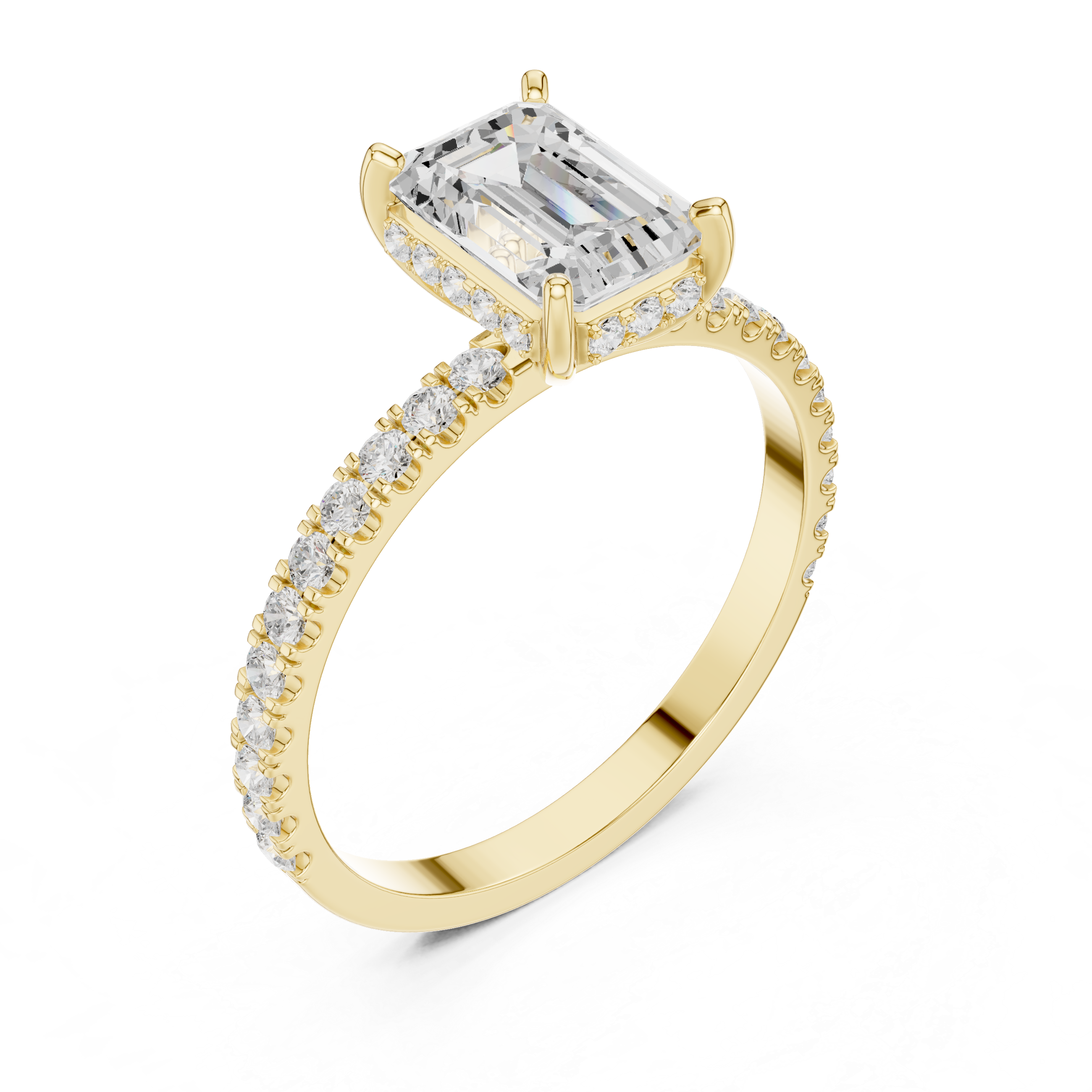 Emerald Cut Hidden Halo Engagement Ring with Pavé Diamond Band