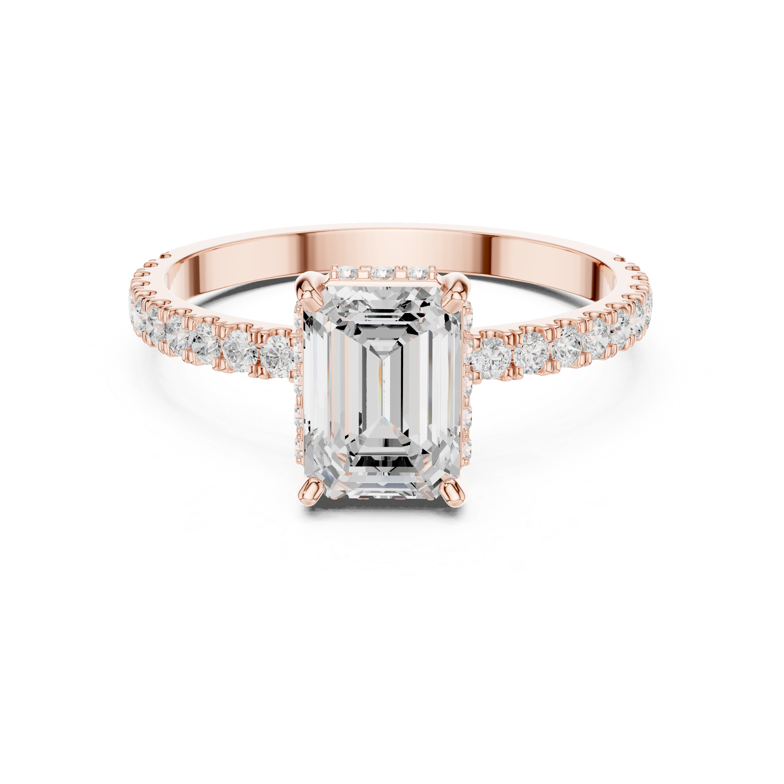 Emerald Cut Hidden Halo Engagement Ring with Pavé Diamond Band