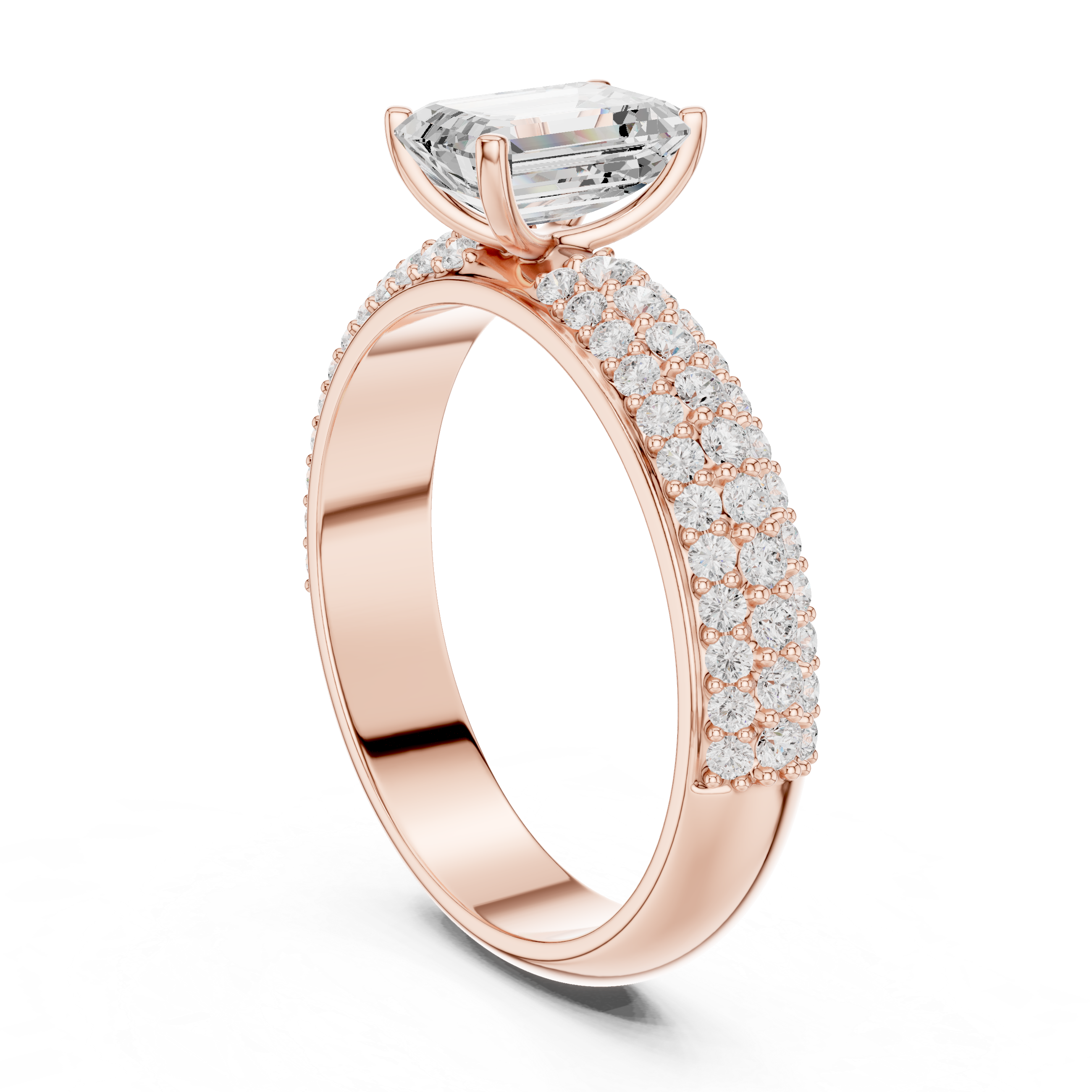 Emerald Cut Solitaire Engagement Ring with Triple Row Pavé Diamond Band