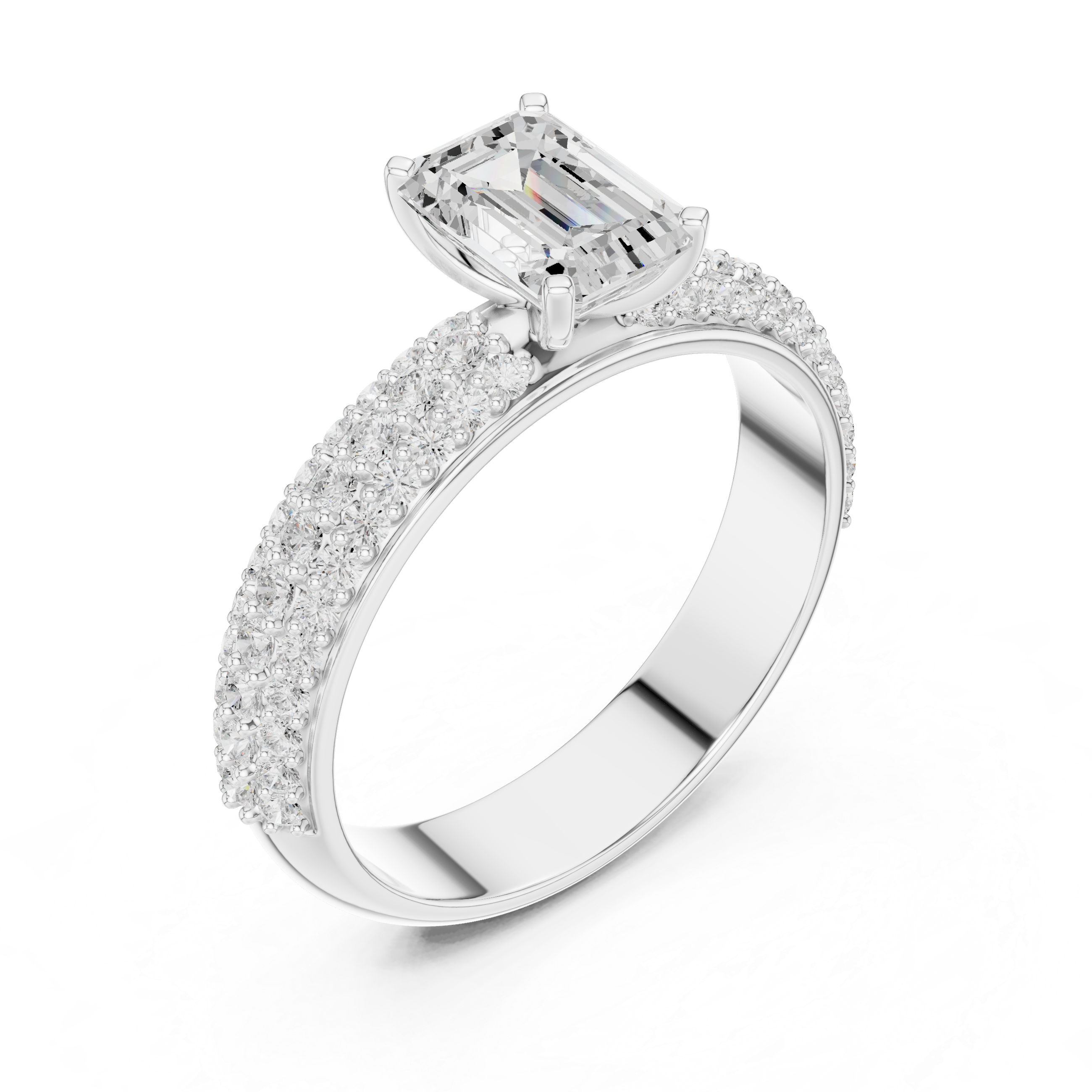 Emerald Cut Solitaire Engagement Ring with Triple Row Pavé Diamond Band