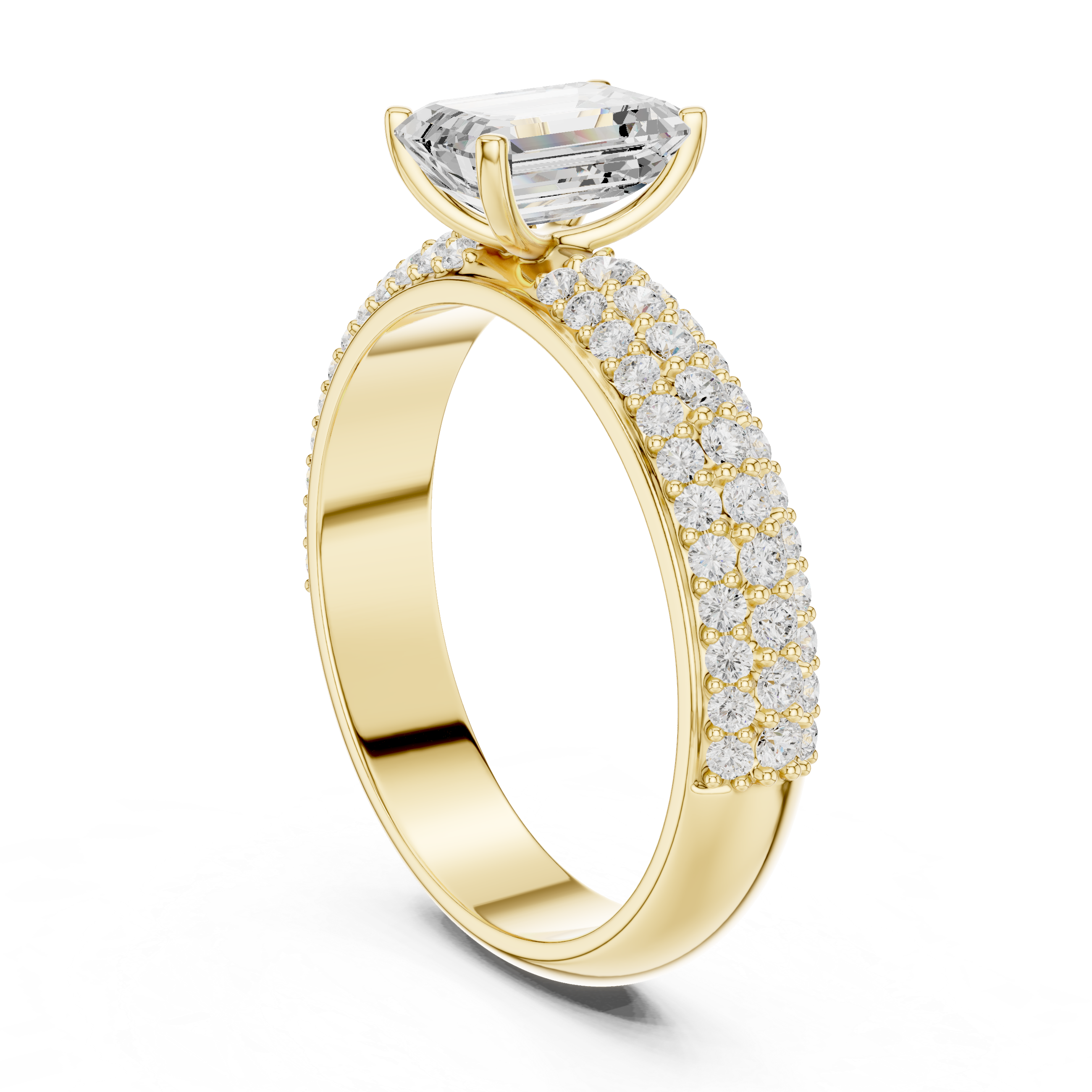 Emerald Cut Solitaire Engagement Ring with Triple Row Pavé Diamond Band