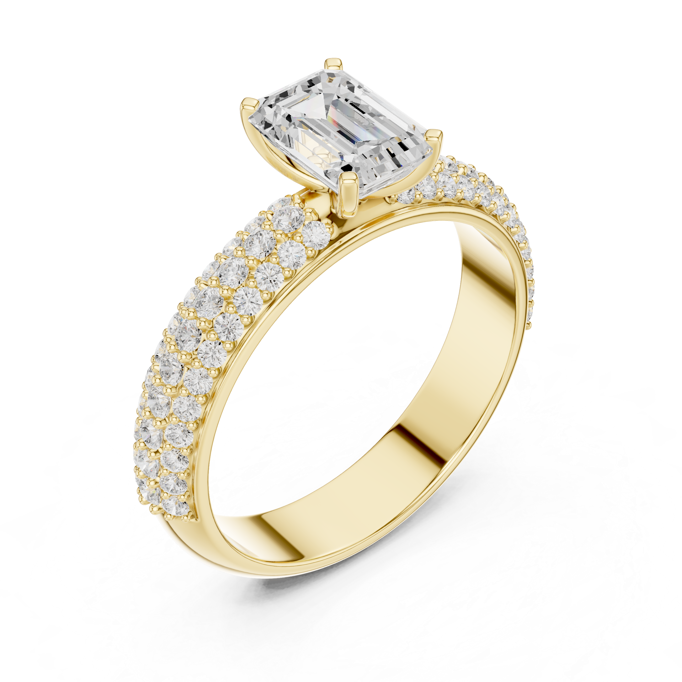 Emerald Cut Solitaire Engagement Ring with Triple Row Pavé Diamond Band