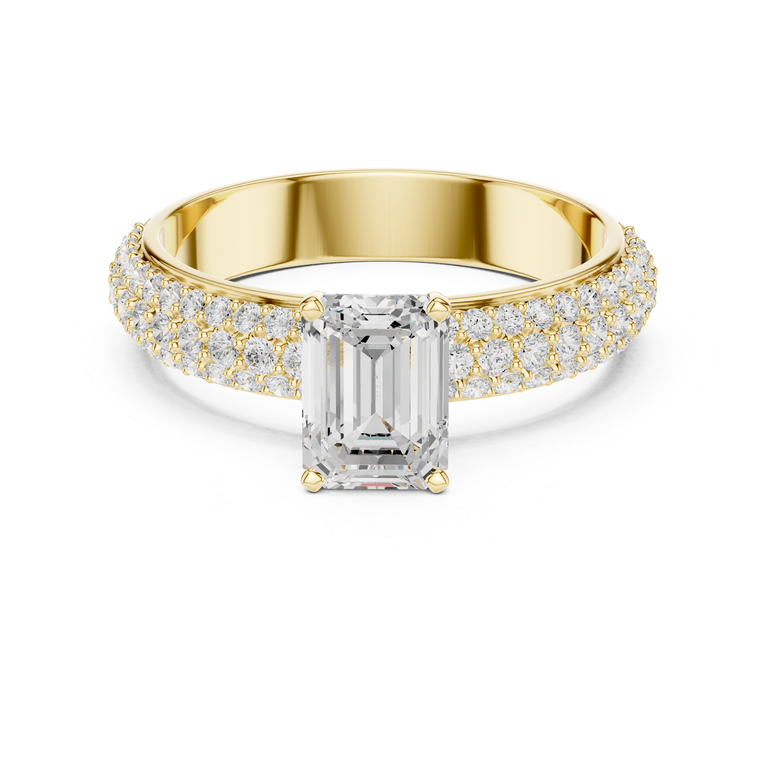Emerald Cut Solitaire Engagement Ring with Triple Row Pavé Diamond Band