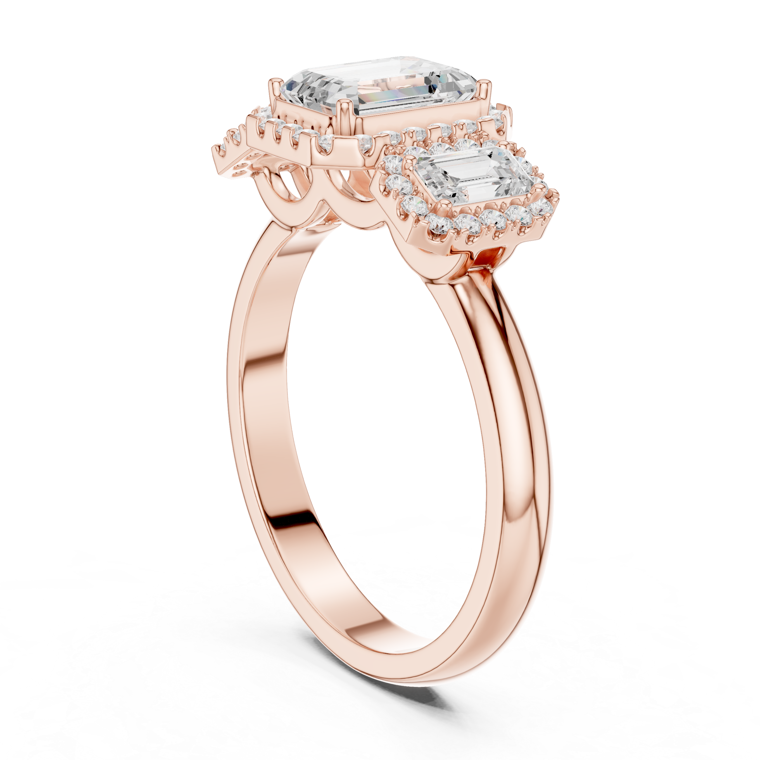 Emerald Cut Three-Stone Halo Engagement Ring with Double Halo Diamond Accents
