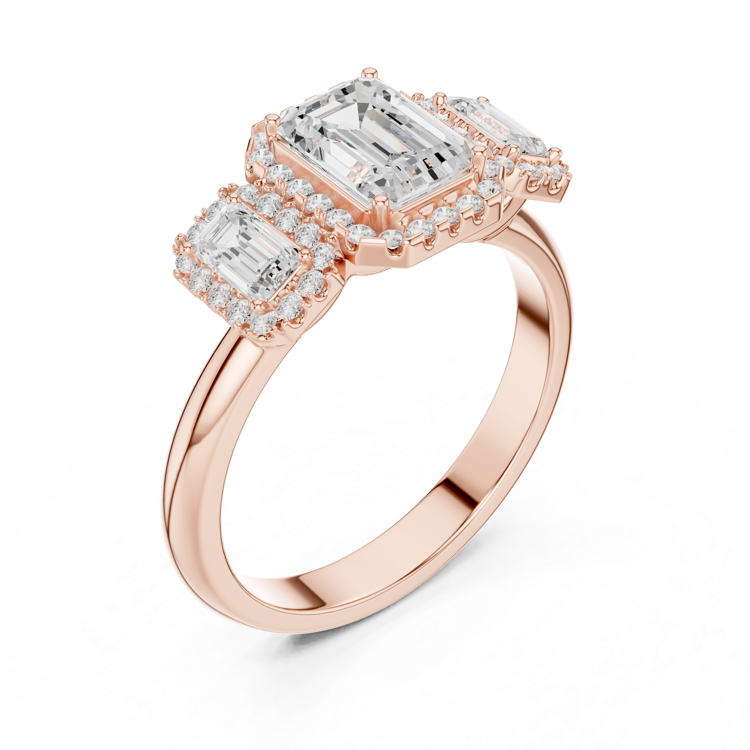 Emerald Cut Three-Stone Halo Engagement Ring with Double Halo Diamond Accents