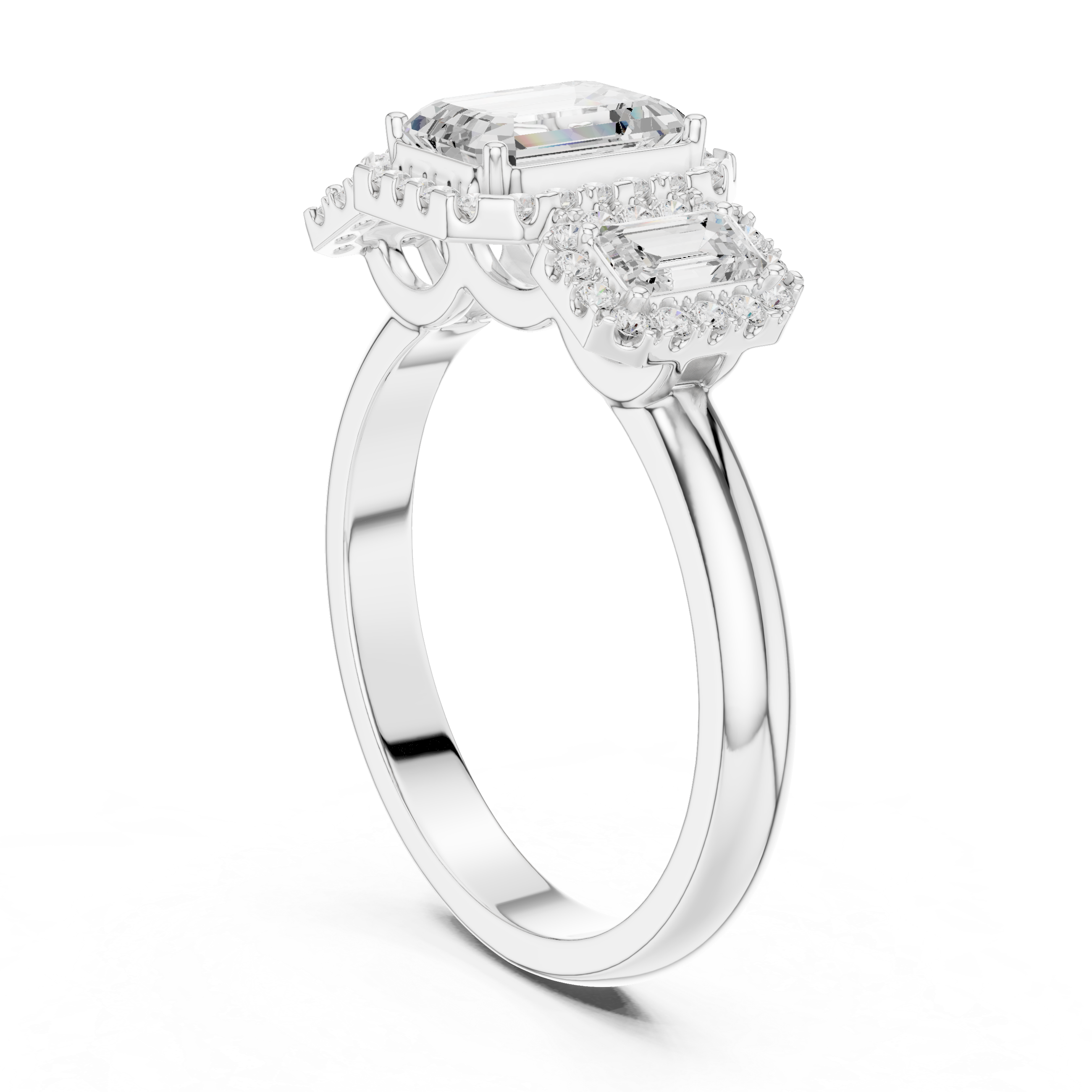 Emerald Cut Three-Stone Halo Engagement Ring with Double Halo Diamond Accents