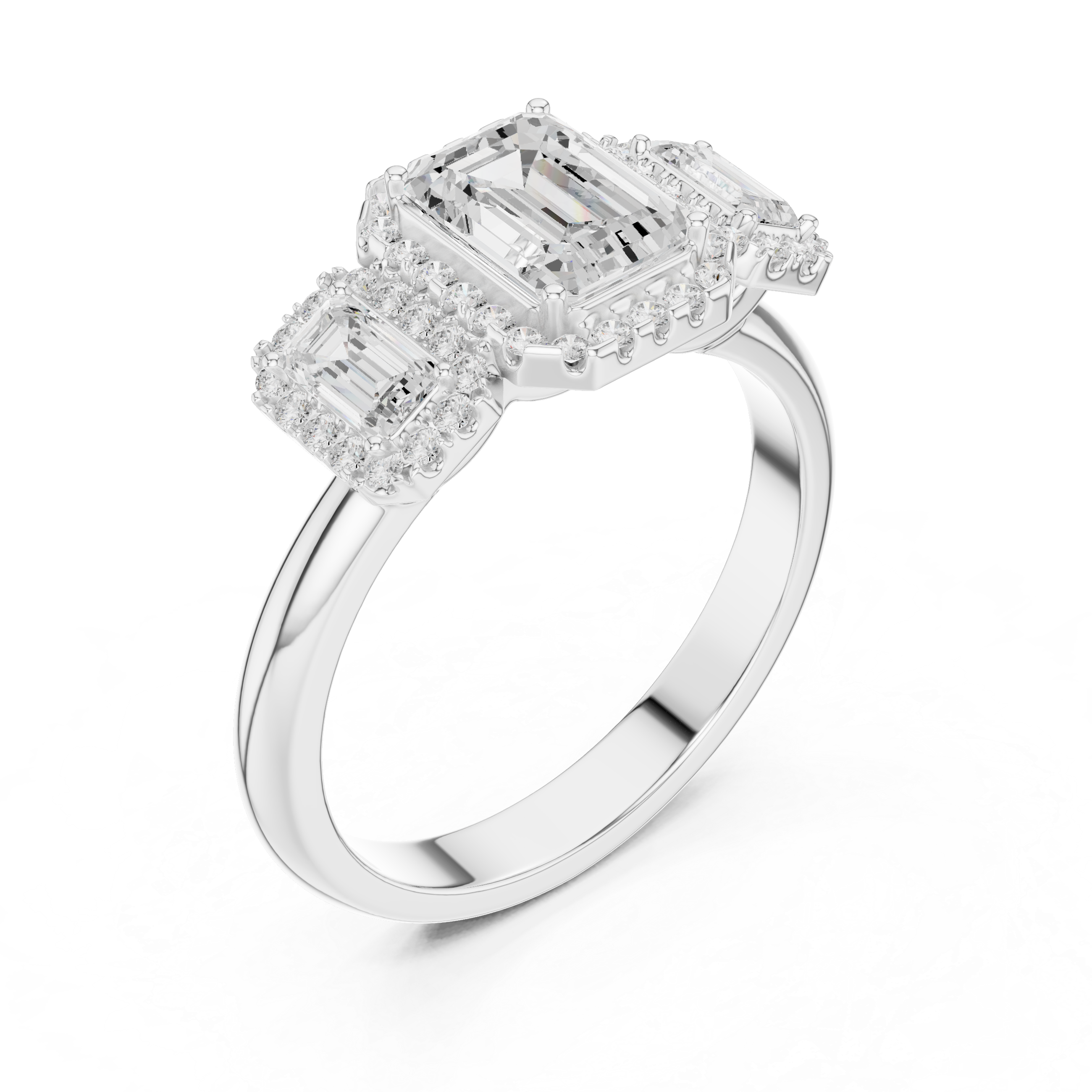 Emerald Cut Three-Stone Halo Engagement Ring with Double Halo Diamond Accents