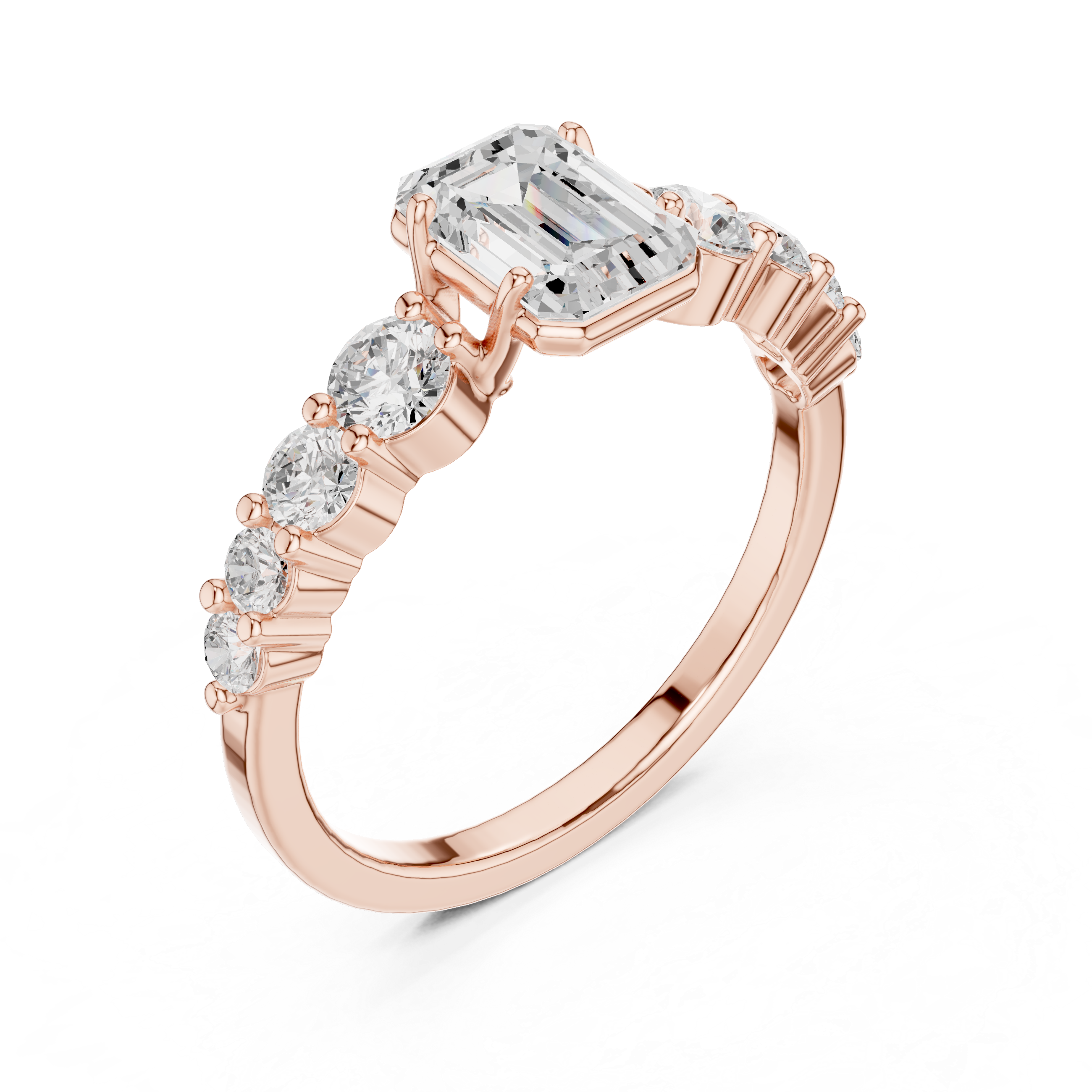 Emerald Cut Three-Stone Engagement Ring with Graduated Round Diamond Accents