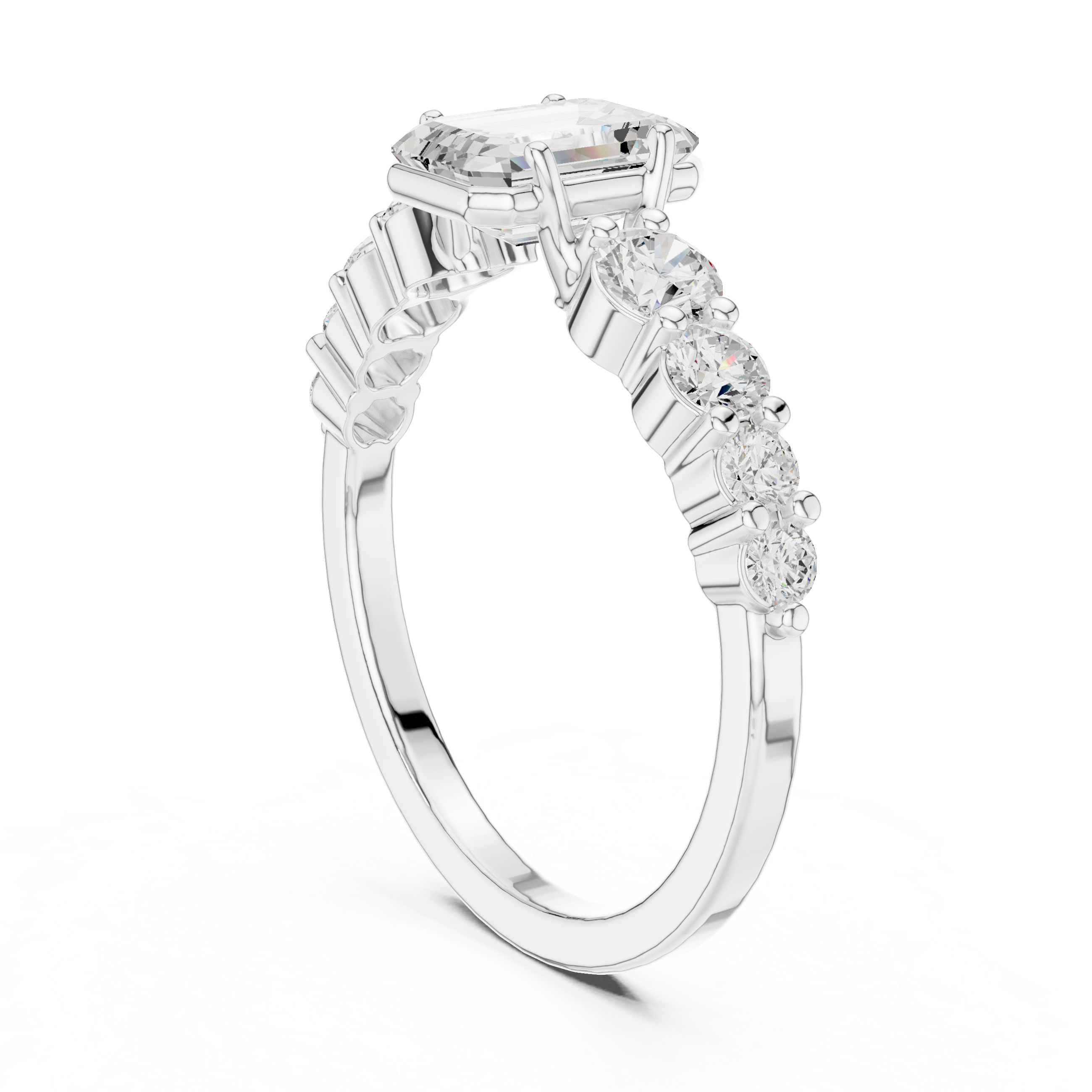 Emerald Cut Three-Stone Engagement Ring with Graduated Round Diamond Accents