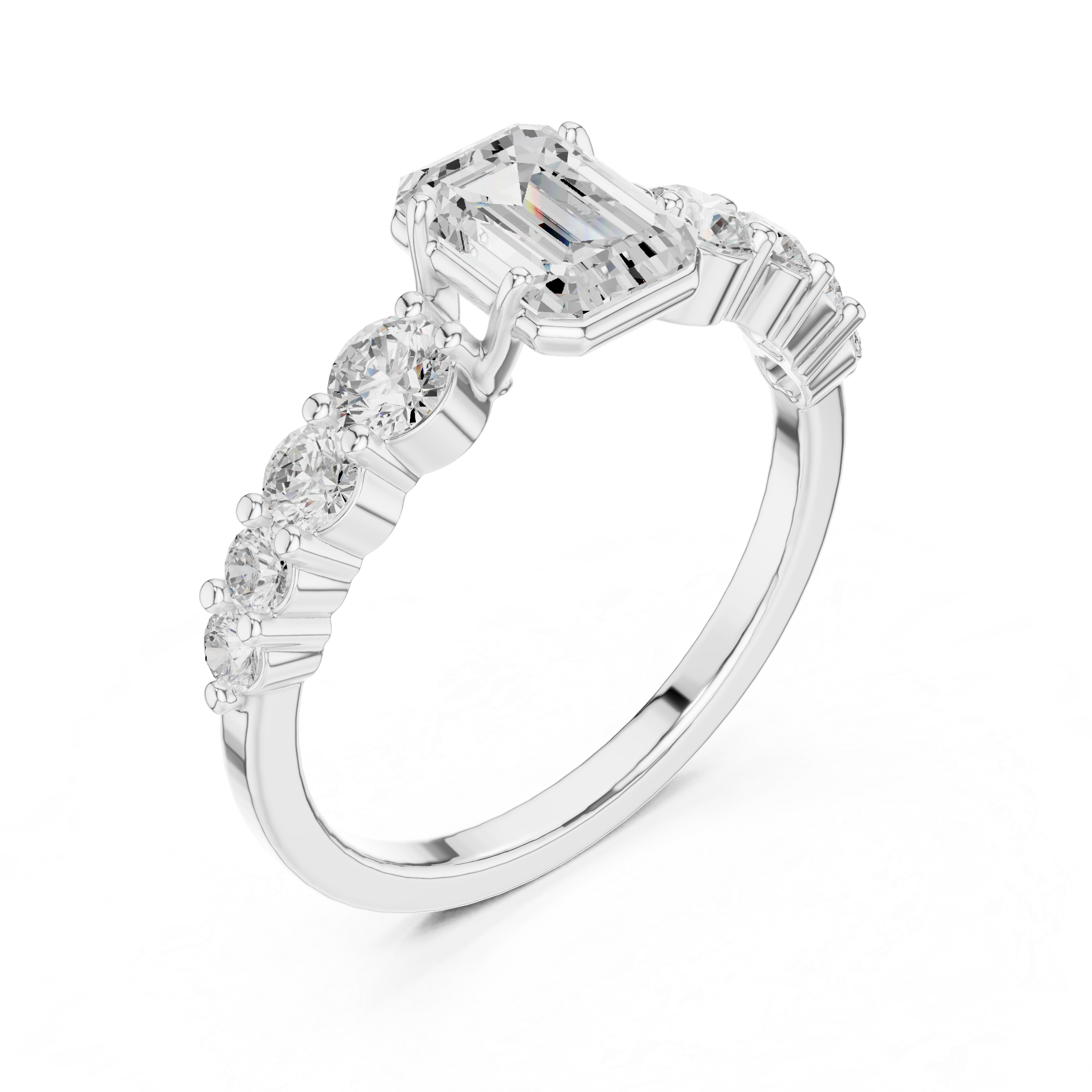 Emerald Cut Three-Stone Engagement Ring with Graduated Round Diamond Accents
