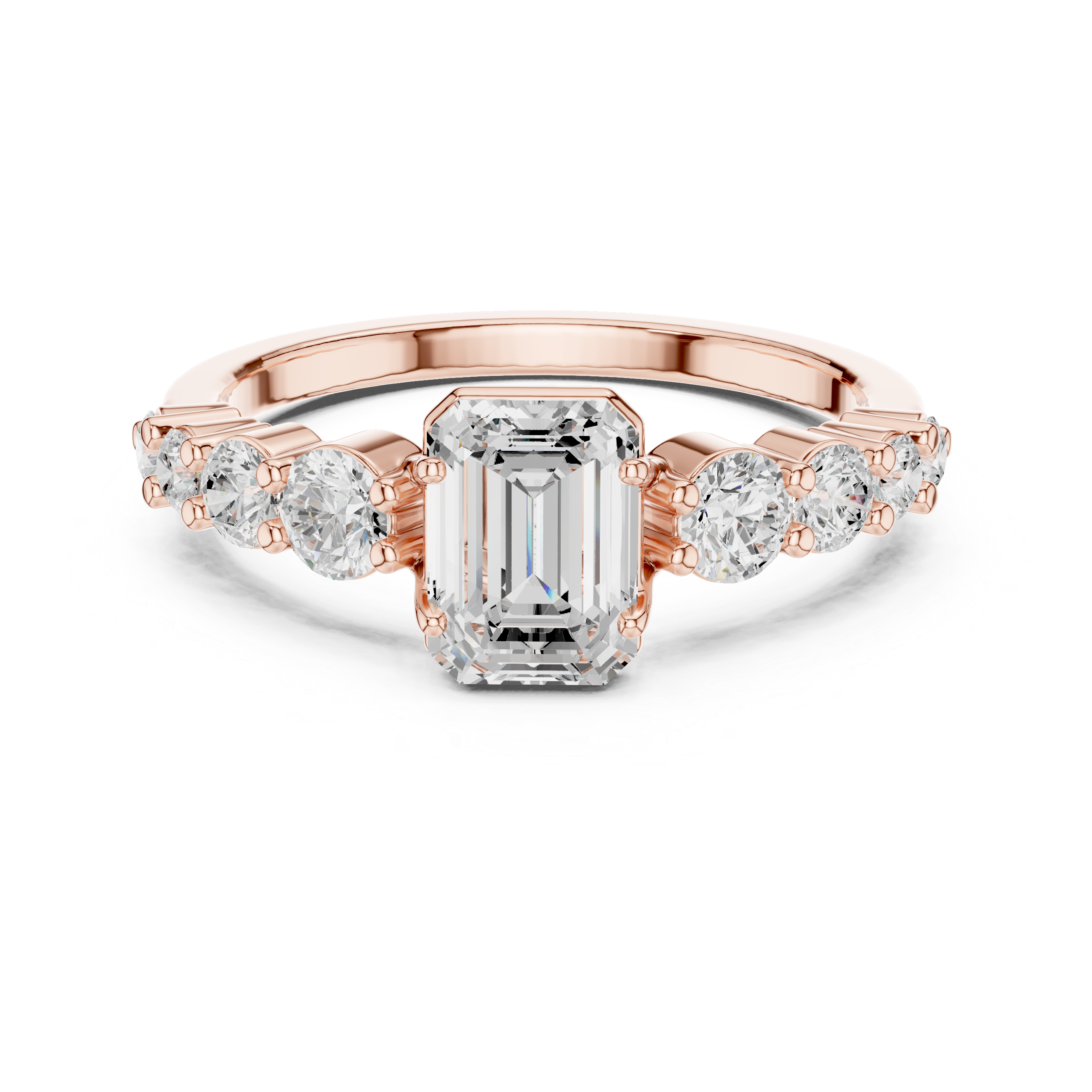 Emerald Cut Three-Stone Engagement Ring with Graduated Round Diamond Accents