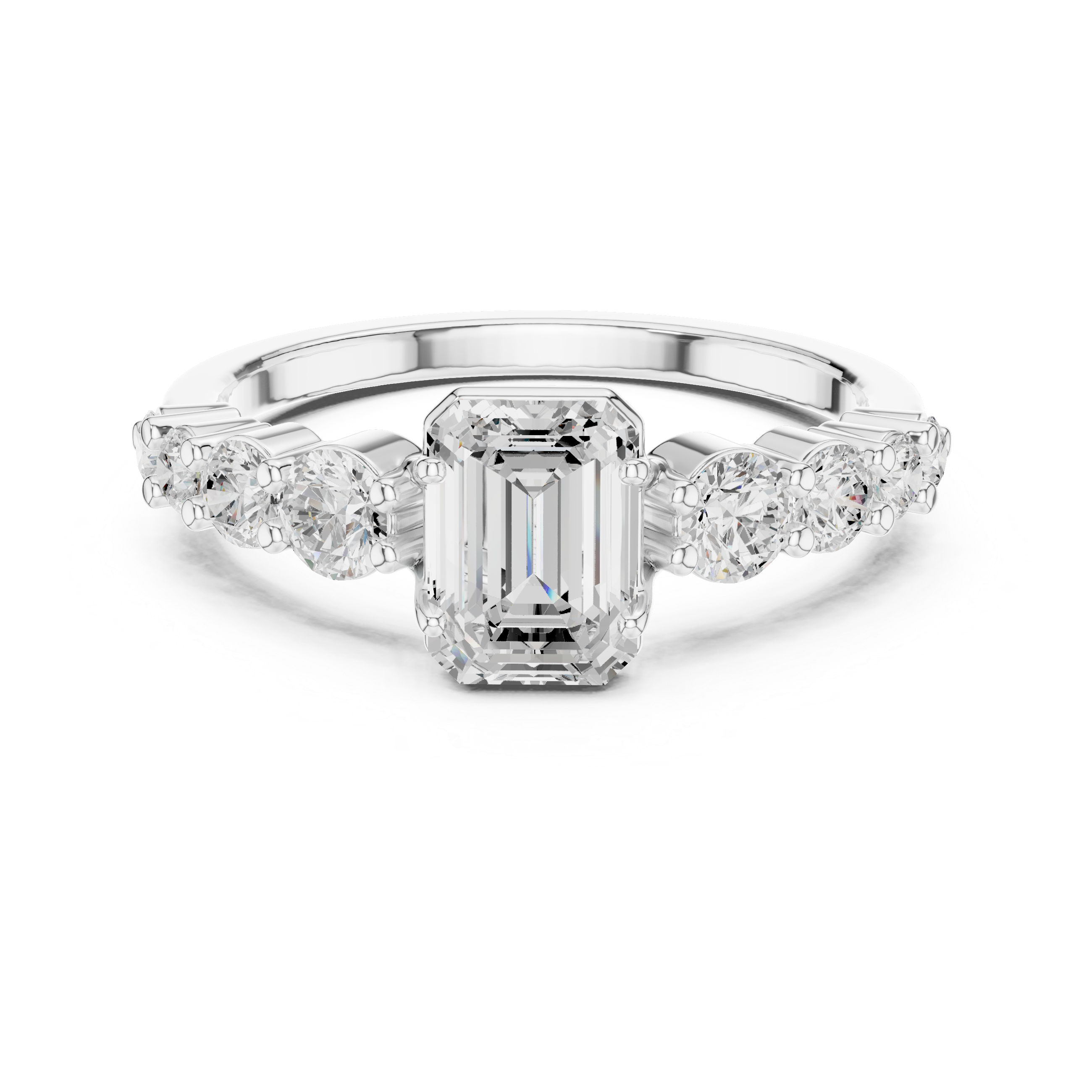Emerald Cut Three-Stone Engagement Ring with Graduated Round Diamond Accents