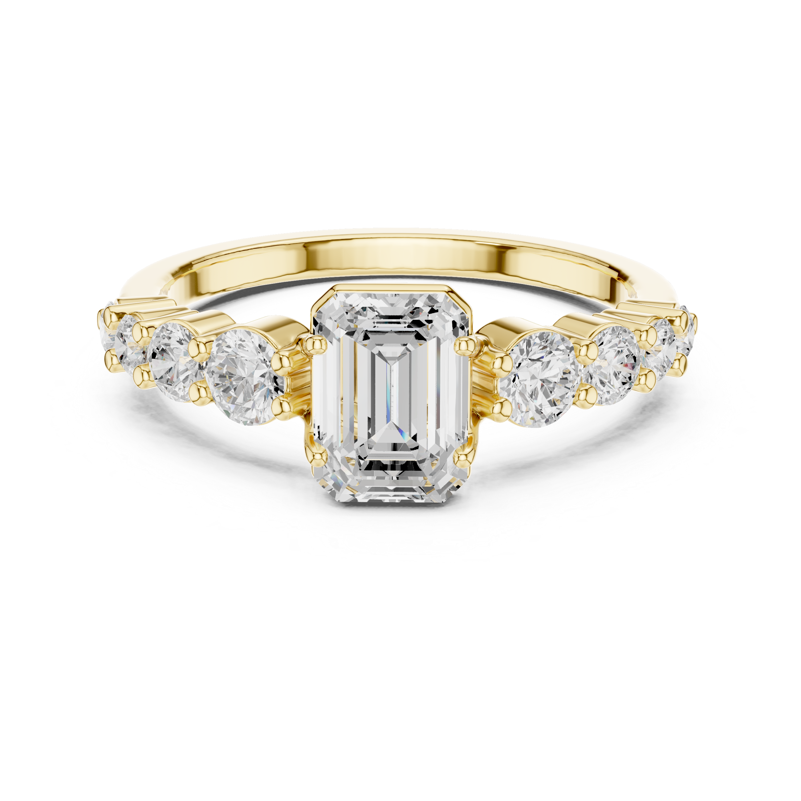 Emerald Cut Three-Stone Engagement Ring with Graduated Round Diamond Accents