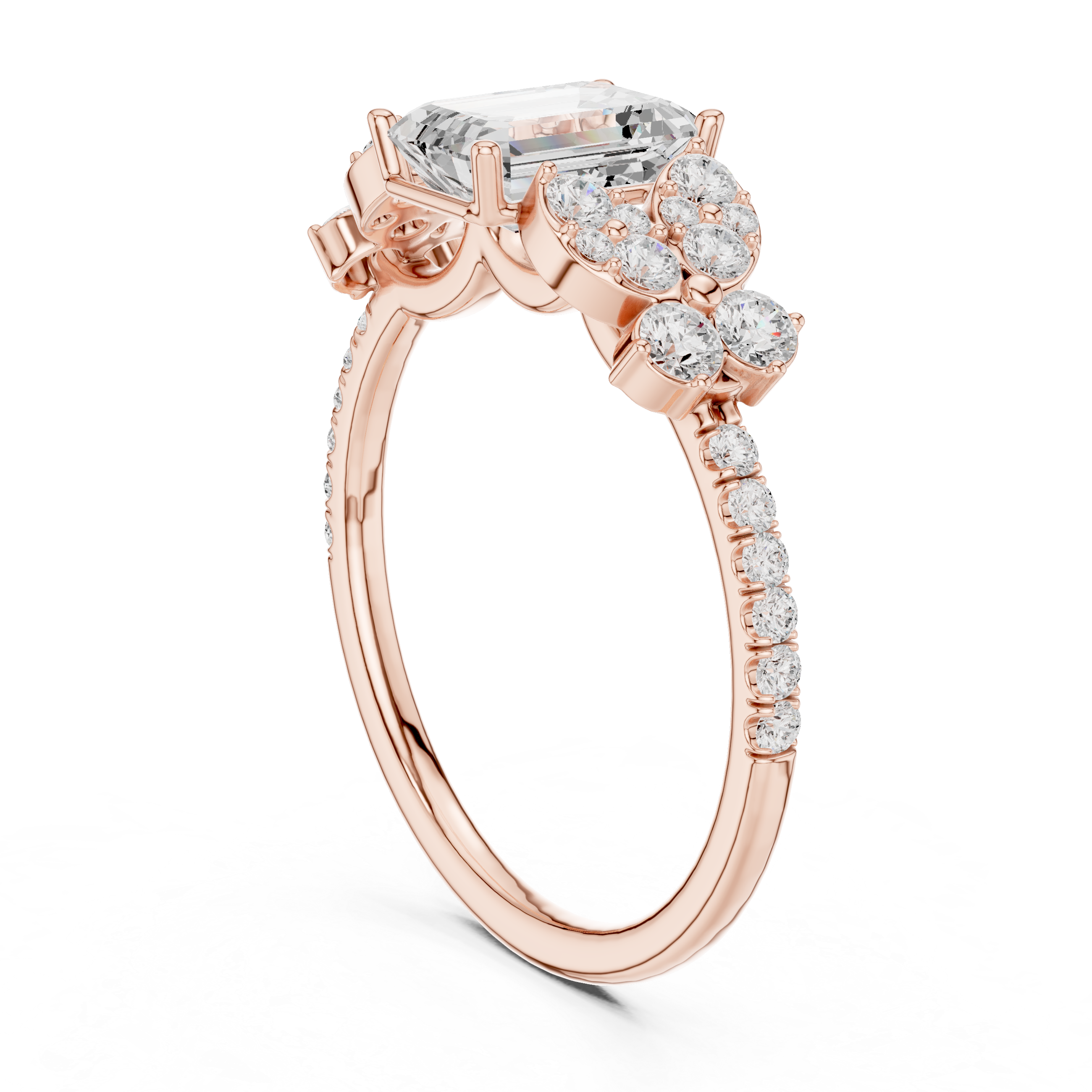 Emerald Cut Floral Halo Engagement Ring with Diamond Leaf Accents
