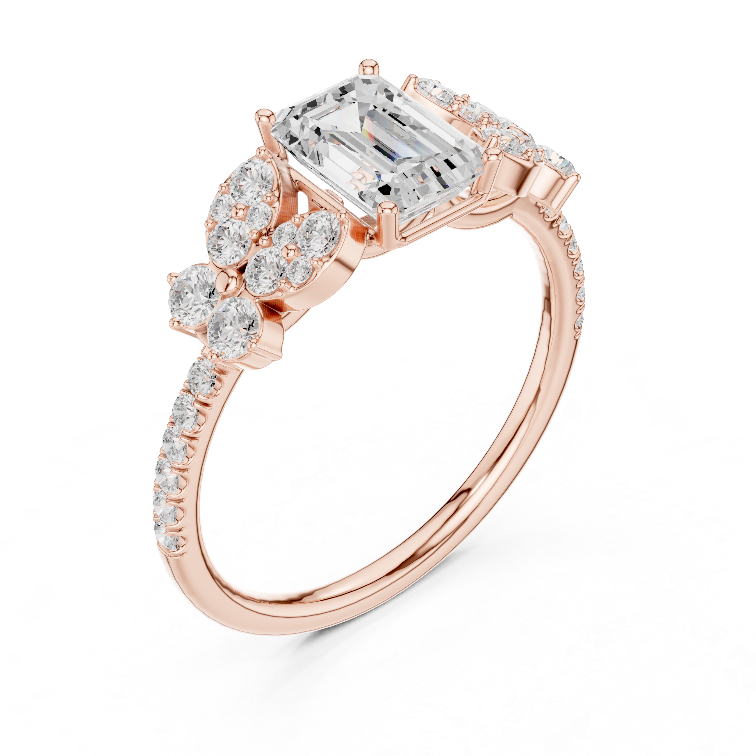 Emerald Cut Floral Halo Engagement Ring with Diamond Leaf Accents