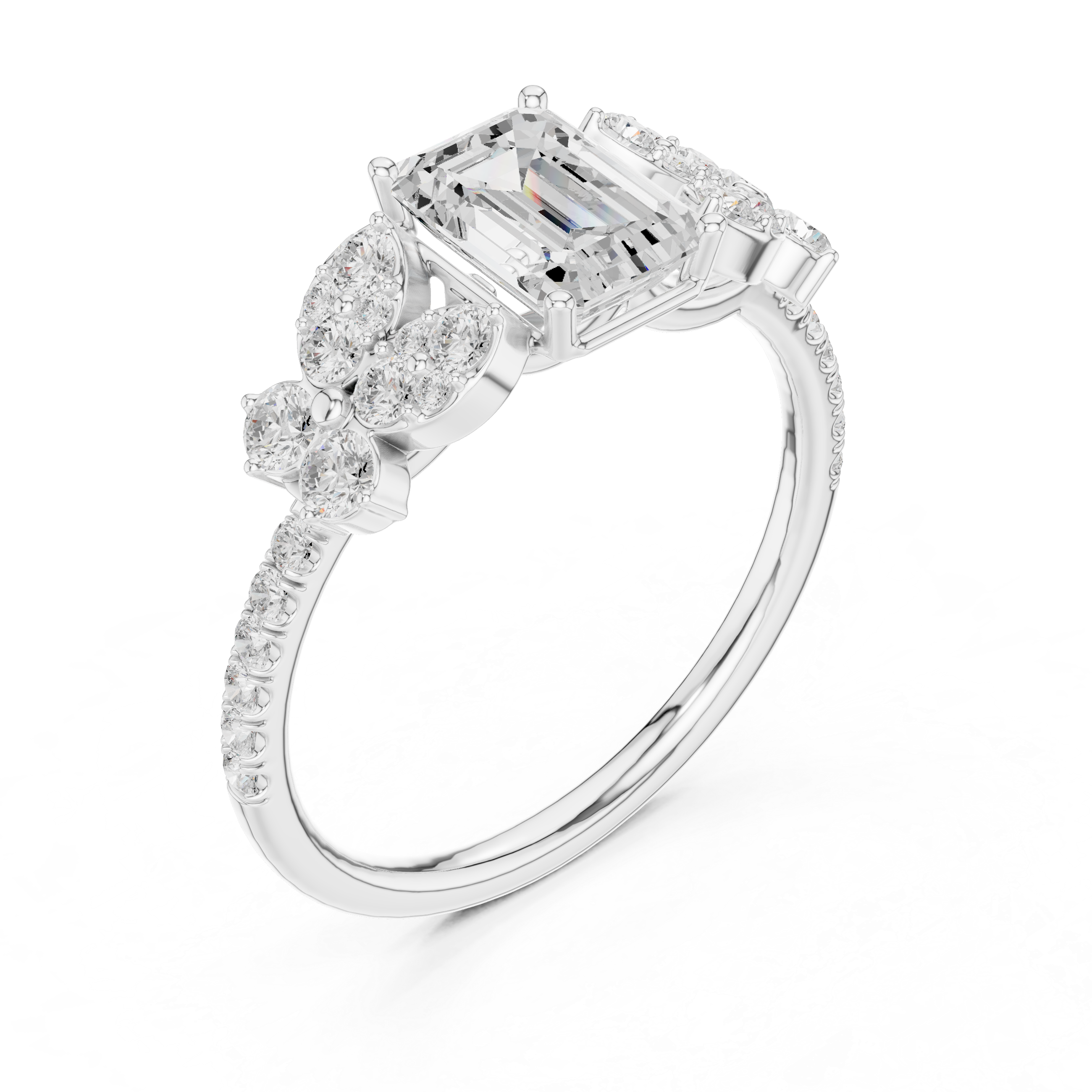 Emerald Cut Floral Halo Engagement Ring with Diamond Leaf Accents