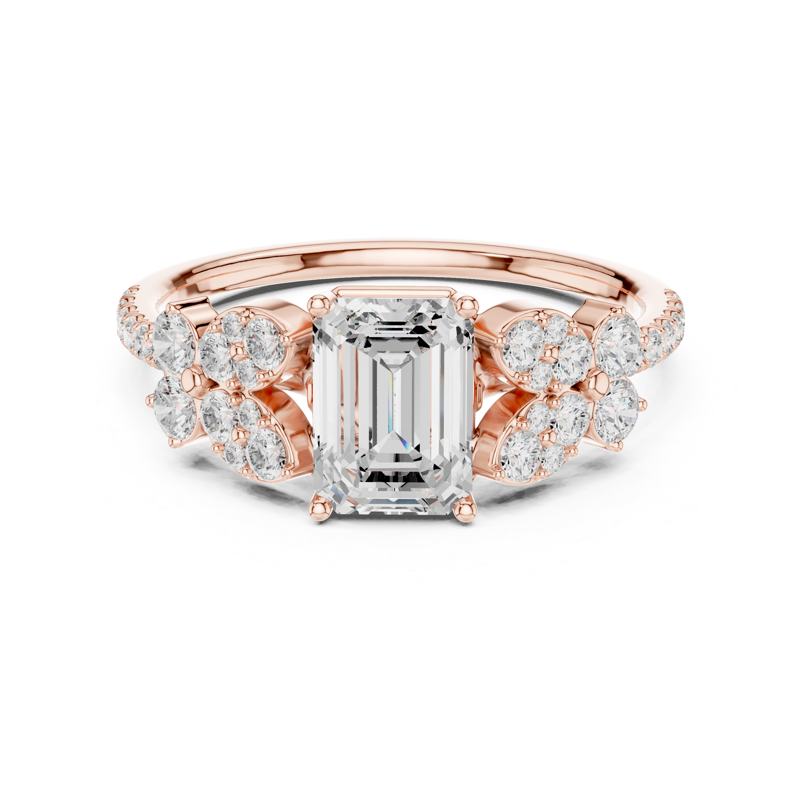 Emerald Cut Floral Halo Engagement Ring with Diamond Leaf Accents