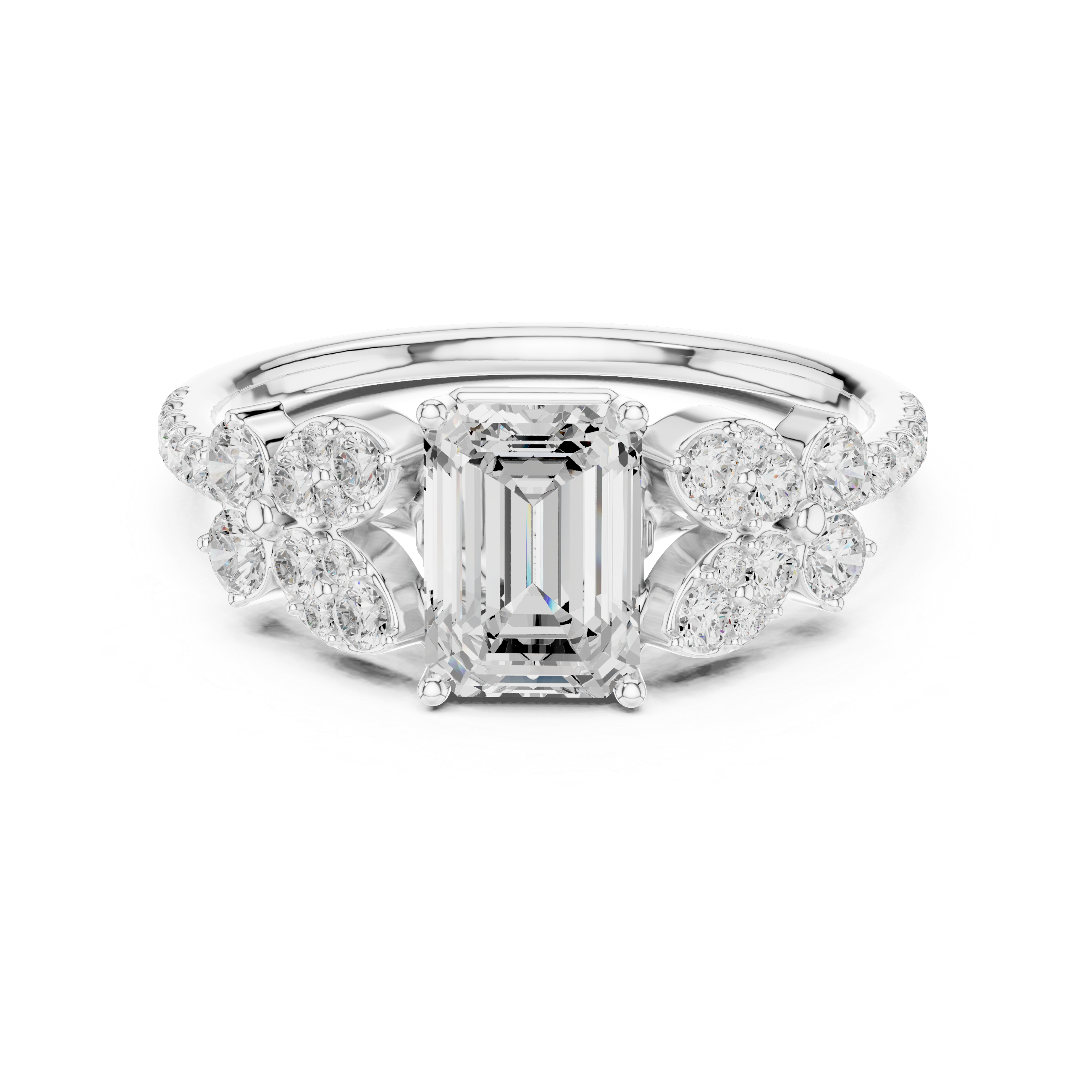Emerald Cut Floral Halo Engagement Ring with Diamond Leaf Accents
