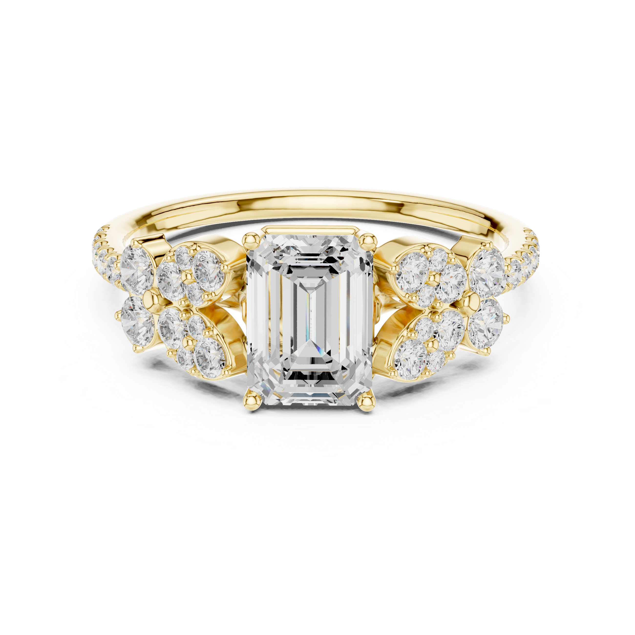 Emerald Cut Floral Halo Engagement Ring with Diamond Leaf Accents