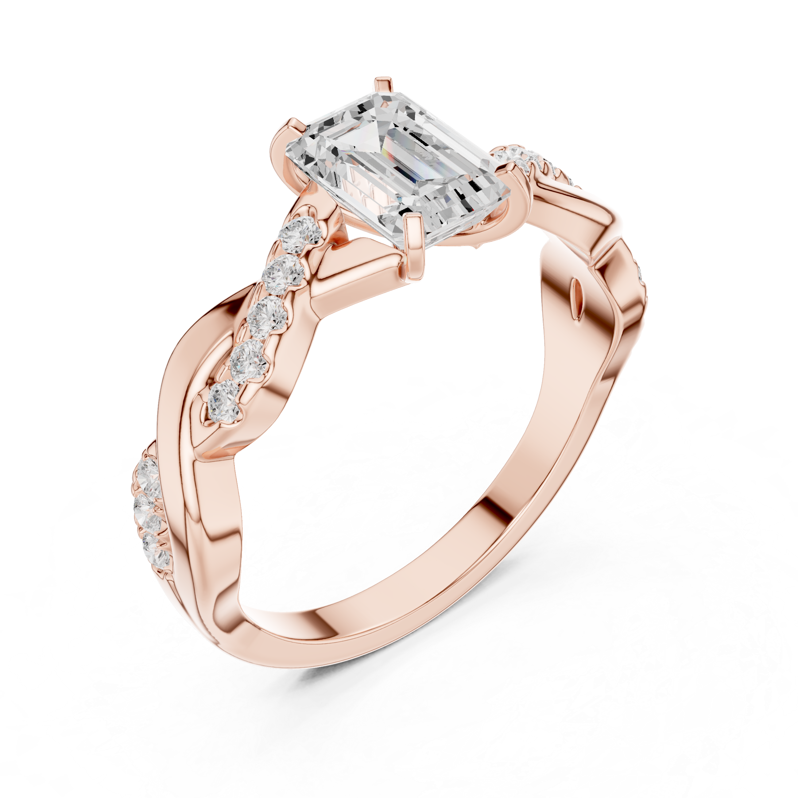 Emerald Cut Diamond Twist Engagement Ring with Infinity Pavé Band