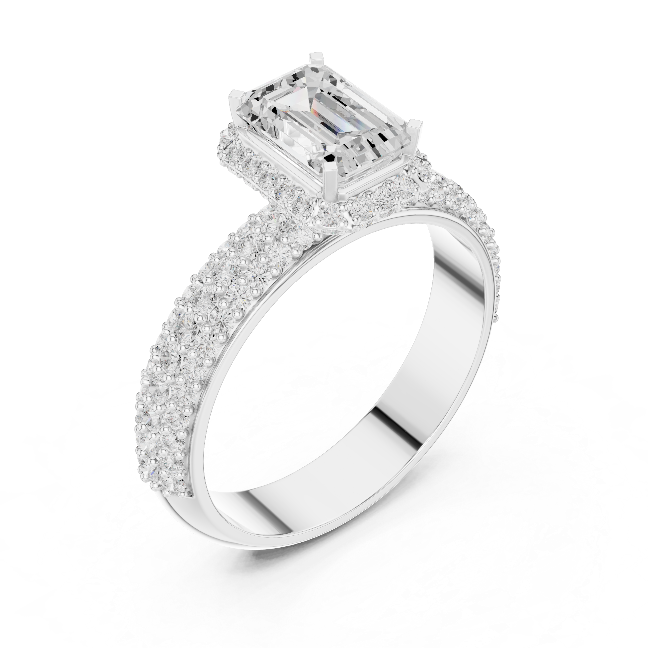 Emerald Cut Halo Engagement Ring with Triple Pavé Diamond Band
