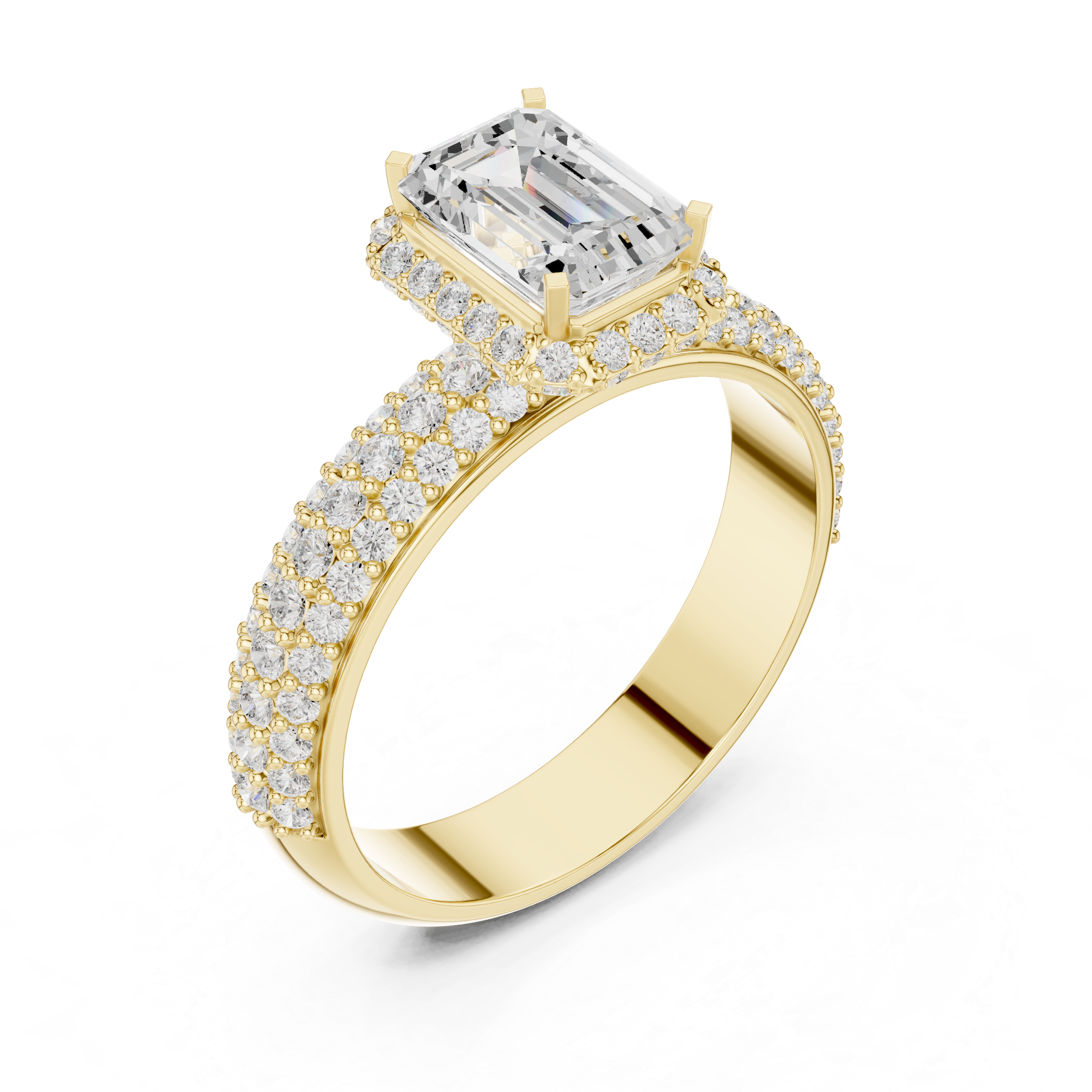 Emerald Cut Halo Engagement Ring with Triple Pavé Diamond Band