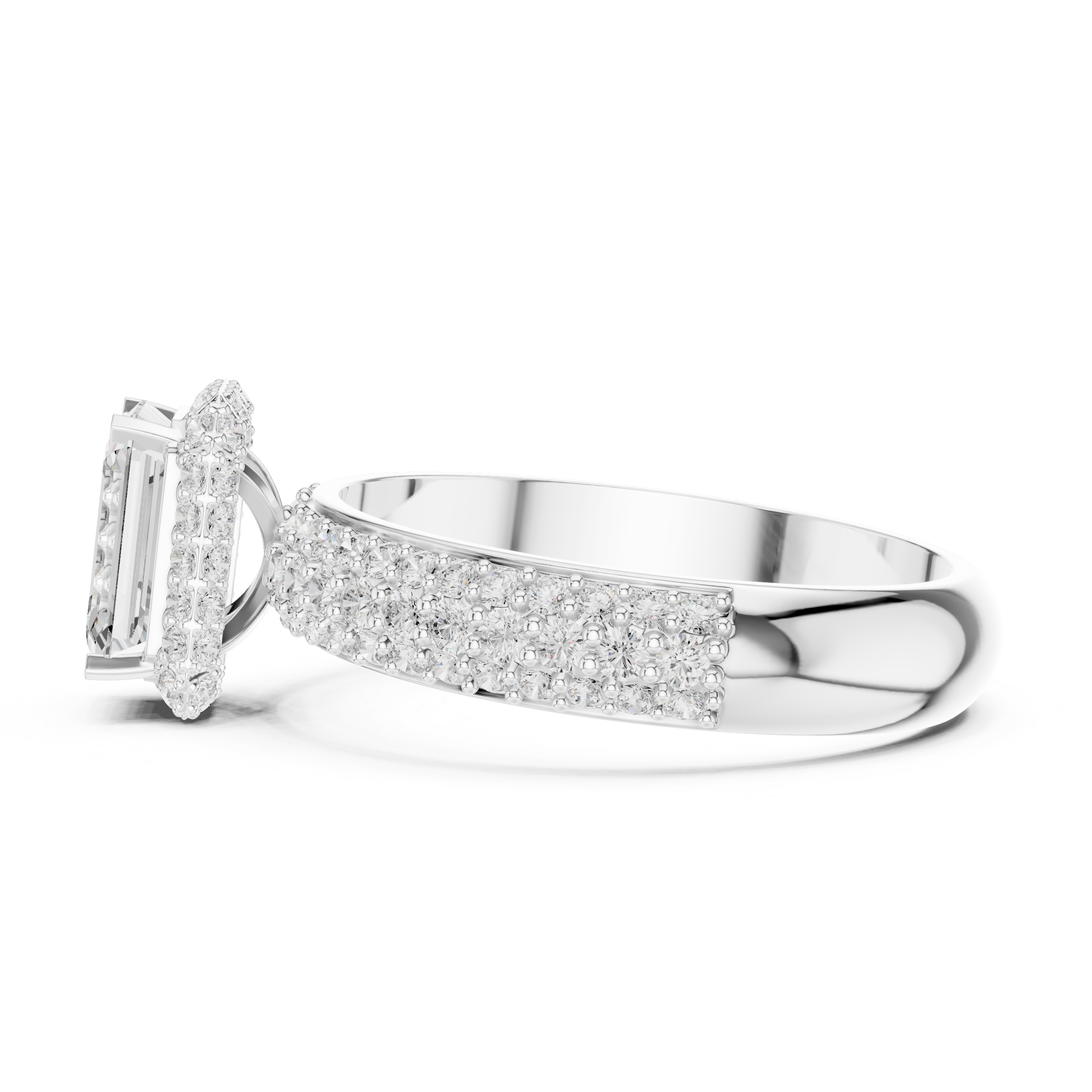 Emerald Cut Halo Engagement Ring with Triple Pavé Diamond Band